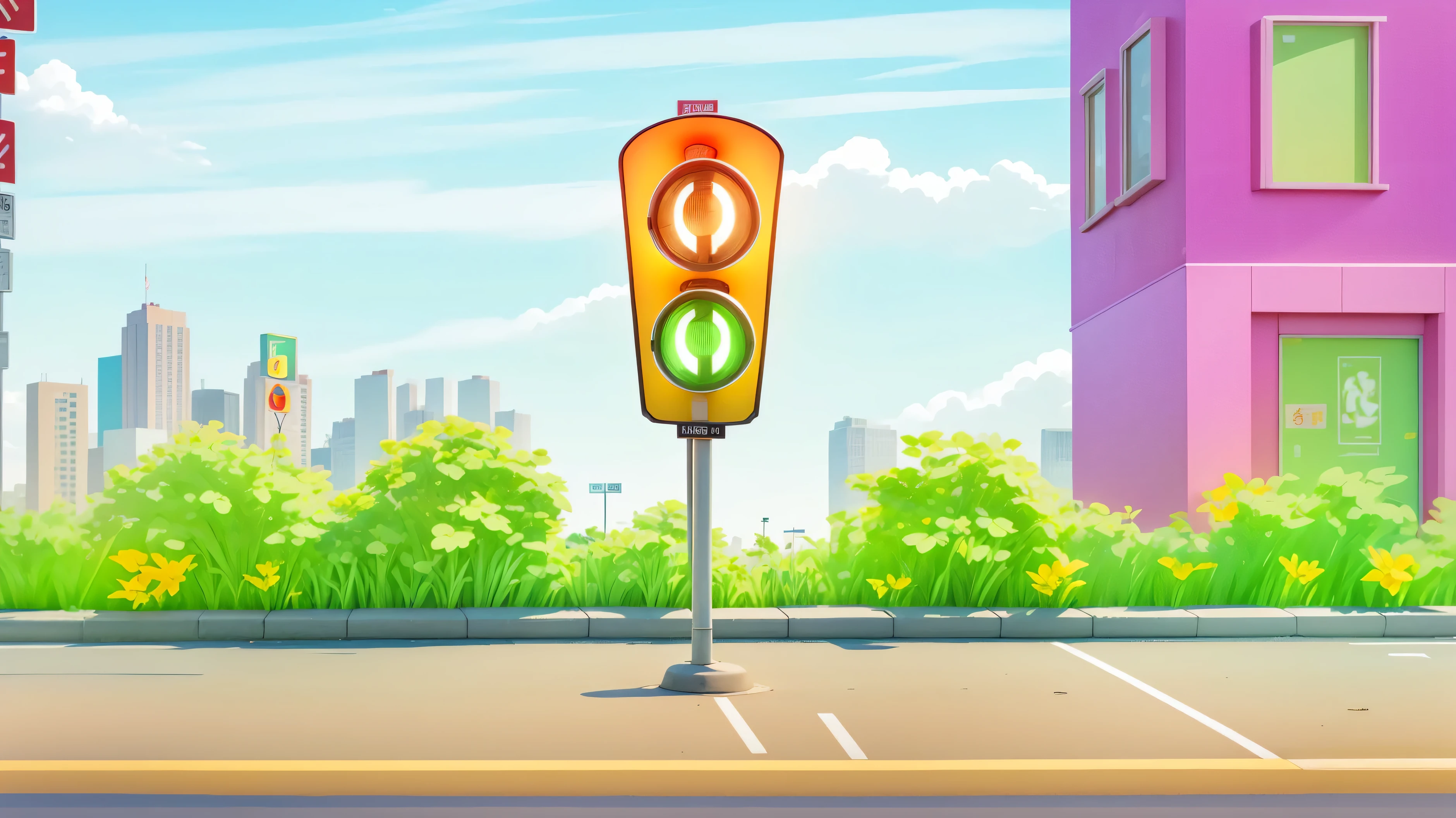 cartoon illustration of a stoplight on a city street with a building in the background, traffic light on, traffic light, traffic lights, city street view background, crossing road, vivid bright light, crosswalk, flashing lights, bright vivid lighting, !! stop light glowing, kid, standing on street corner, at a city street, pedestrians, bright light masterpiece