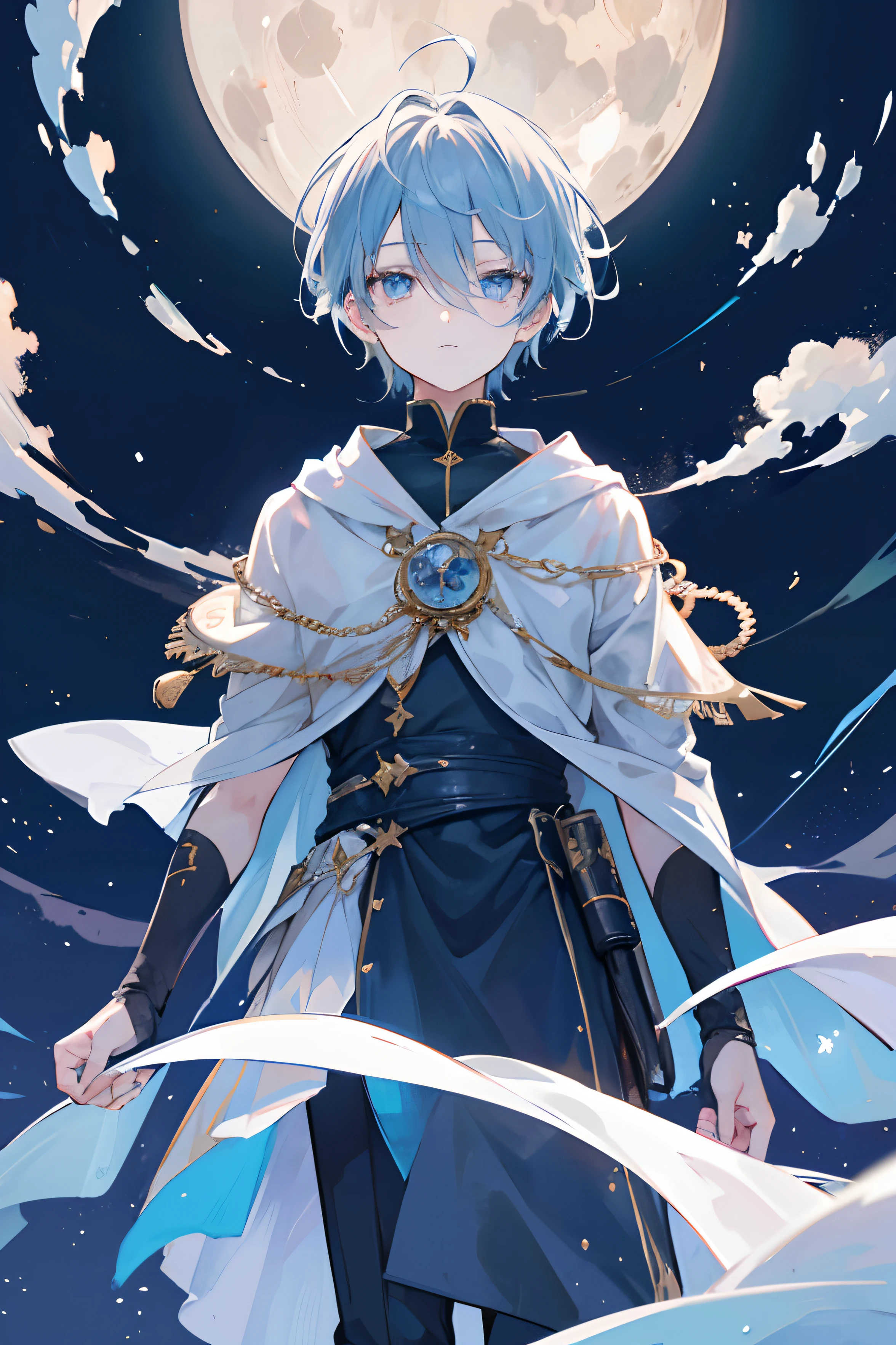 Create an illustration of a boy gazing up at the full moon in a fantastical night sky. Though the boy's expression is neutral, his eyes reflect a sense of awe and admiration for the moon's beauty. The moon, suspended in the magical night sky, radiates an enchanting glow that illuminates the surrounding clouds and stars. The entire illustration should evoke a dreamlike and otherworldly atmosphere, transporting viewers to a realm where the beauty of the night is celebrated. The neutral expression on the boy's face allows viewers to project their own emotions onto the scene, creating a personal and immersive connection with the enchanting night