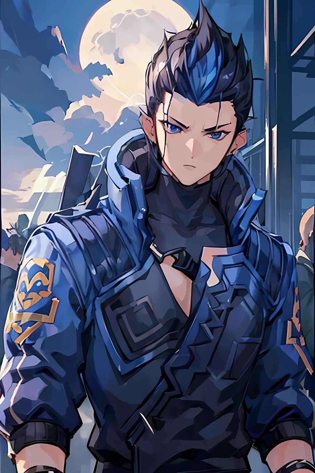 Yoru Valorant, black hair, blue hair, spiked hair, night sky, full moon, spiked hair, short hair, two-tone hair, ear piercing, blue eyes, Soul Card, jacket, shoulder spikes, realistic, Full HD, best quality, glow blue eyes, mad face, strong character