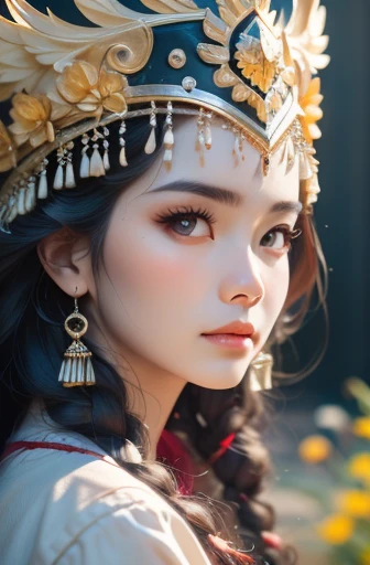 Best image quality, masterpiece level, ultra high resolution, realism, fantasy theme, Head close-up, a girl, single, dispersion, Chinese architecture, indoor, First-person perspective, Phoenix headdress, Floral Dress, Get detailed interior lighting and cinematic lighting, Increase the detail of the overall ambient light, Face and eye details, Improve Face Detail realism, Clear and sharp focus, sob, mouthpiece, frown, Bright Eyes, Simple background, sony master lens.