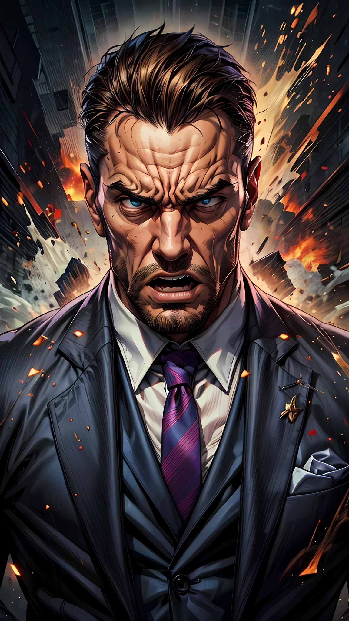 a man muscular in suit, with an angry expression