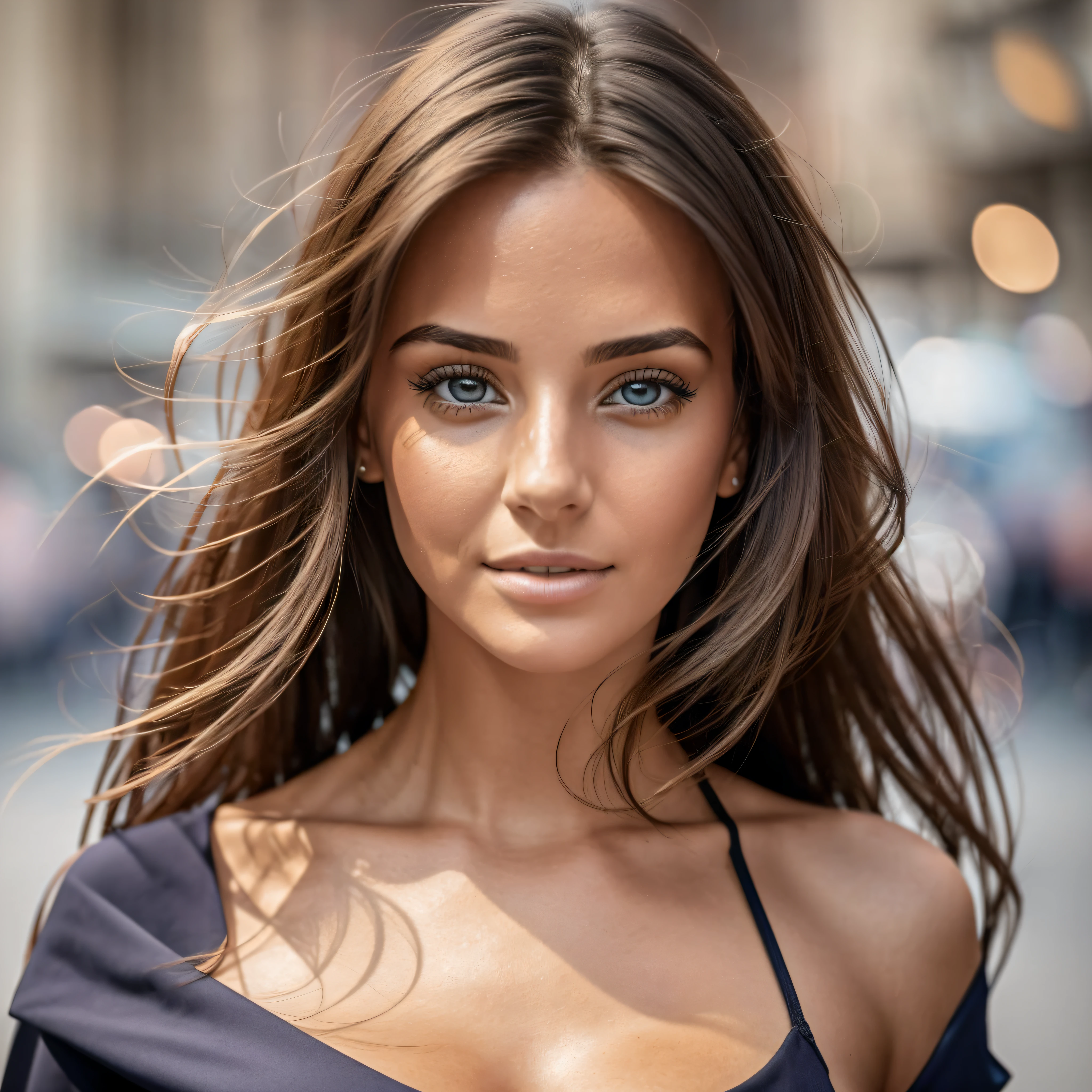 Closeup shot, Woman standing, body and head straight in photo, medium breasts, facing the viewer of the photo, eyes staring at the lens, appears shoulders and head in the photo, ultra realistic photo with great details, portrait of woman standing on the street, perfect lighting, DSRL, 4k, rich in detail in face, eyes, mouth,  nose and hair.