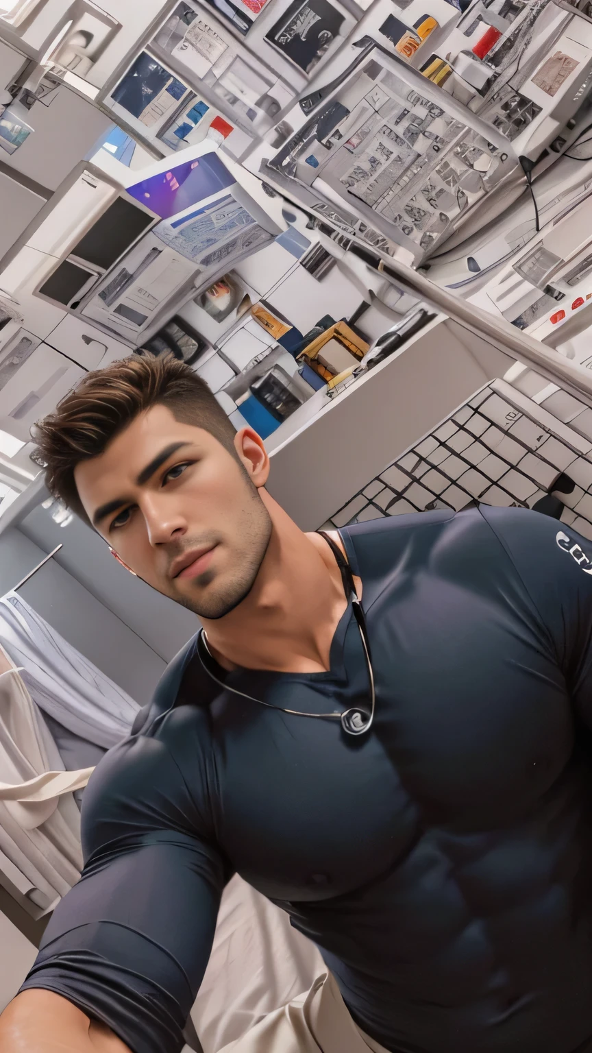 8k,8k resolution,2 Muscular Europeans, handsome man,Charming eyes,White skin,beautiful, smooth and shiny,The chest muscles are full,Thick body hair,naked, white trousers,Big bag highlights,emphasize,Wearing a white coat,(Listening treasure hanging around the neck),2 male doctors,Check out the wards in the hospital,best quality,professional lighting,Professional photography,Realistic photos,realistic model,realistic art