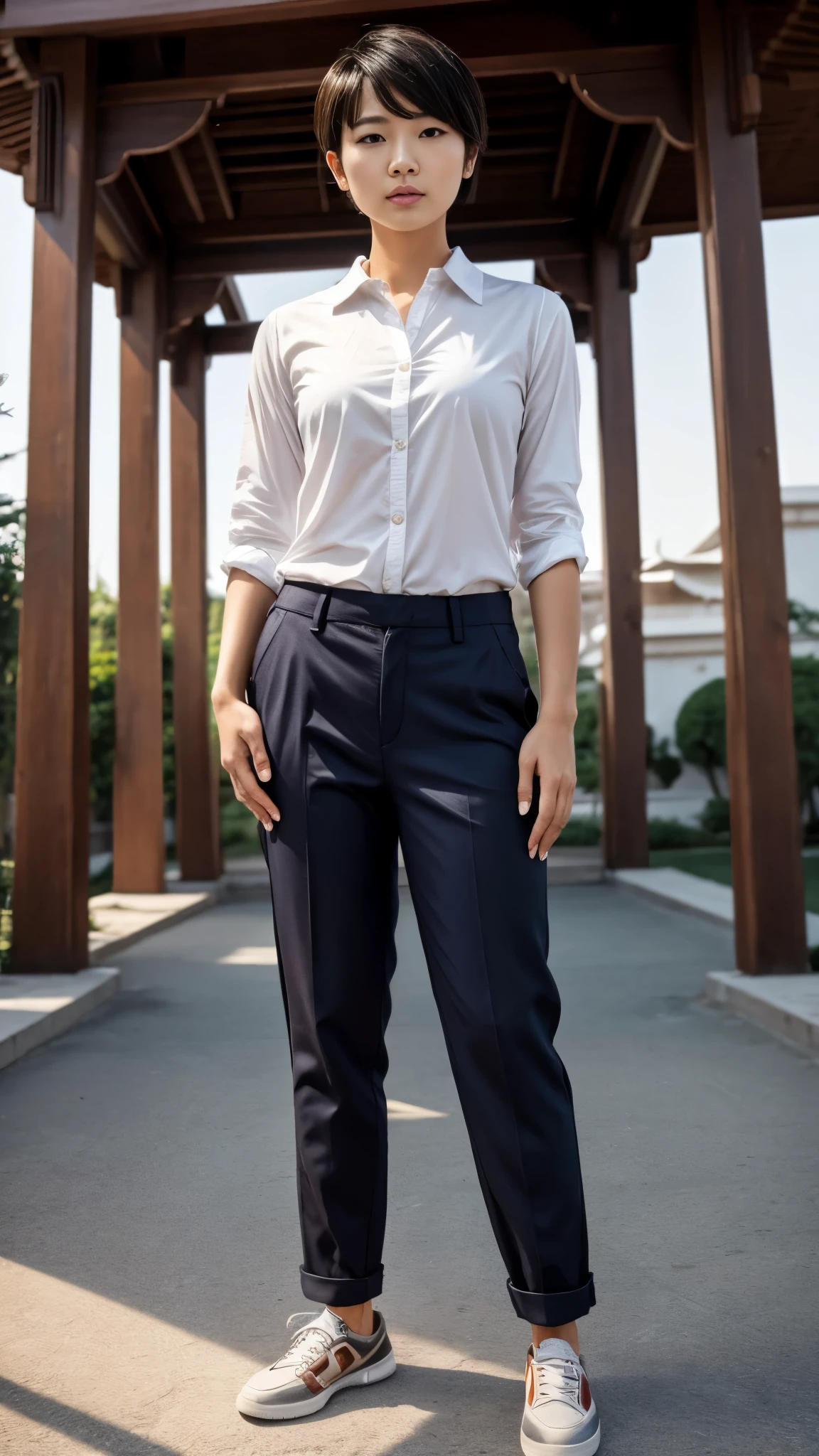 Full body shot,asian woman,short hair,bareface,wearing men's shirt,men's pants,men's shoes,standing,masculine pose,serene expression,in front of a mosque, body facing straight to the viewer