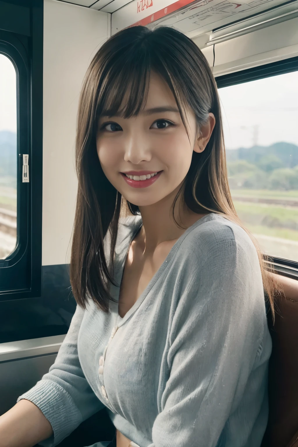 ((table top:1.4, highest quality)), (realistic pictures:1.4),
((1 girl)), (Pure actress),
(超High resolution:1.2), very delicate and beautiful, wonderful, Highly detailed CG Unity 8K wallpaper, Super detailed, High resolution,
soft light, beautiful detailed girl, highly detailed eyes and face, beautifully detailed nose, beautiful and detailed eyes,
(wear casual spring outfits:1.3),
cinematic lighting, perfect anatomy, slender body, (parted bangs),
(Riding on a Japanese local train:1.3), (car window), (Japan's original scenery),
cowboy shot, looking at the viewer, smile