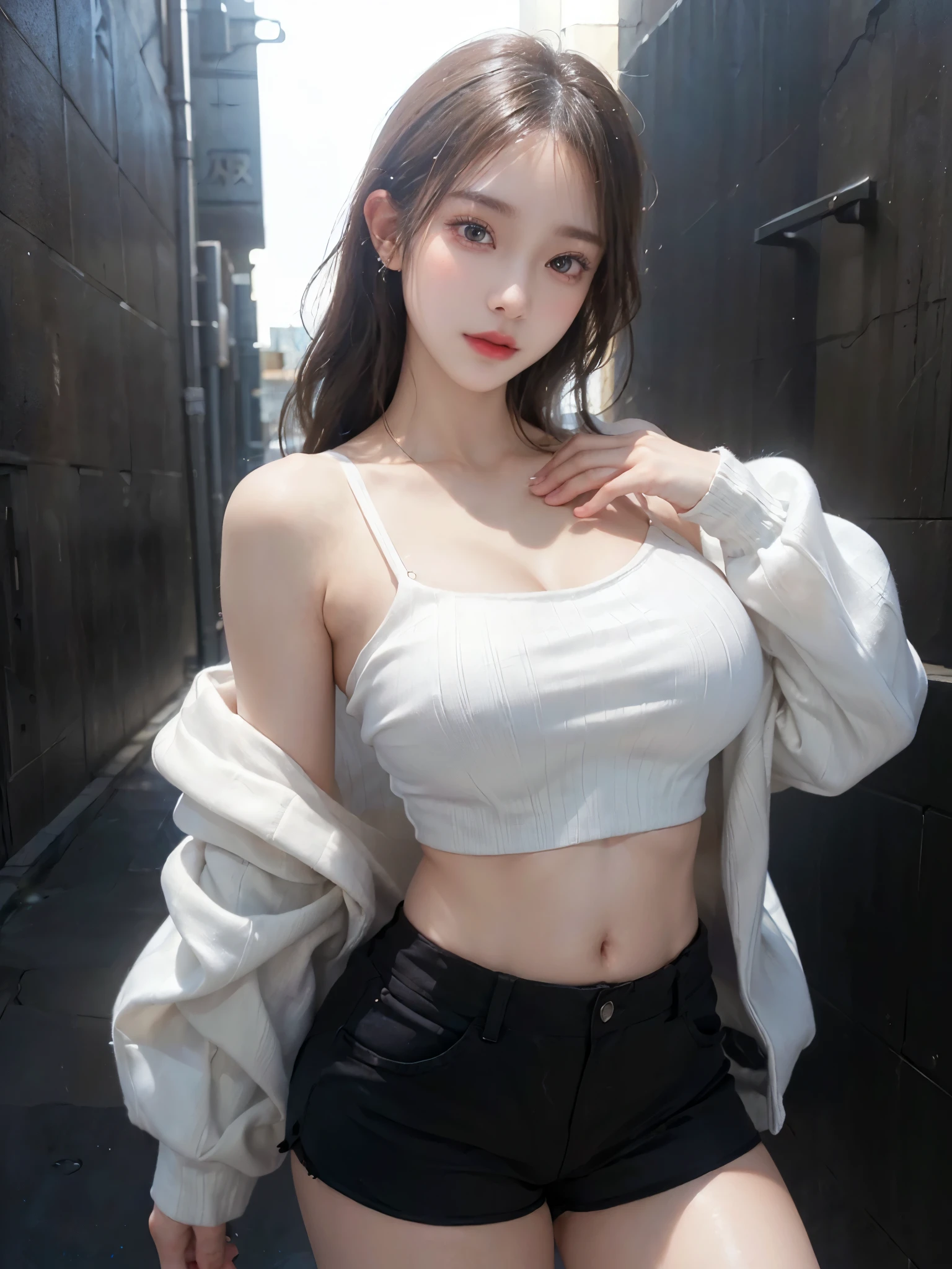 movie lighting、(key light:Front diagonal 45 degrees, fill light、backlight、shadow、Blue and orange color palette), Accurate human body、detailed man、Correct five fingers、original photo、4K – ultra-vivid、best quality, masterpiece, ultra high resolution, (Reality: 1.4), (((oily skin,sparkling skin、Realistic skin texture、Delicate and beautiful skin、shiny skin、shiny skin)))、original photo, 8K, (best quality), Reality的な, (real picture, intricate details), (natural skin texture, delicate skin, 超Reality主義, clarity), (Japanese teenage girl standing in a dirty back alley night, doodleed wall:1.3, sexy pose), ((White knitted sweater, Off the shoulders, black shorts)), (((big breasts:1.5))), (pale skin:1.2), ((dark makeup、Goethe makeup、Urzan Makeup)), (charming face, Provocative expressions, open lips:1.3), thigh, doodle:1.5, Garbage container, night, spotlight:1.3, full-body shot