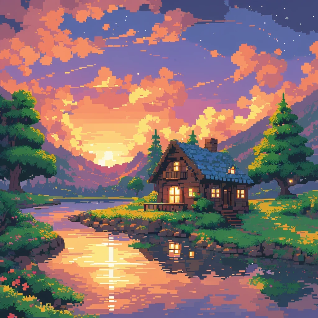 vibrant colors, retro style, detailed landscapes, cozy atmosphere, sunset, pixelated trees, peaceful river, charming cottage, warm glow from the windows, twinkling stars. (best quality, 4k, highres), ultra-detailed, (realistic:1.37), pixel art, vibrant colors, retro style, detailed landscapes, cozy atmosphere, sunset, pixelated trees, peaceful river, charming cottage, warm glow from the windows, twinkling stars.