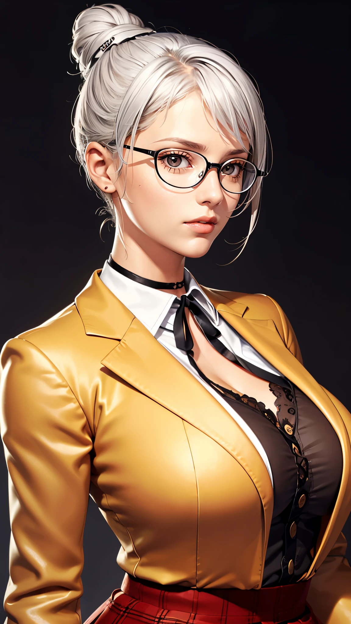 （（（完美figure，figure，school uniform,  plaid skirt,  ribbon choker, brown jacket，White shirt，（（（shiraki meiko，hair bun, glasses，White hair，）））型figure:1.7））），((masterpiece)),high resolution, ((Best quality at best))，masterpiece，quality，Best quality，（（（ Exquisite facial features，looking at the audience,There is light in the eyes，Happy，***********nterlacing of light and shadow，huge boobs））），（（（looking into camera，）））