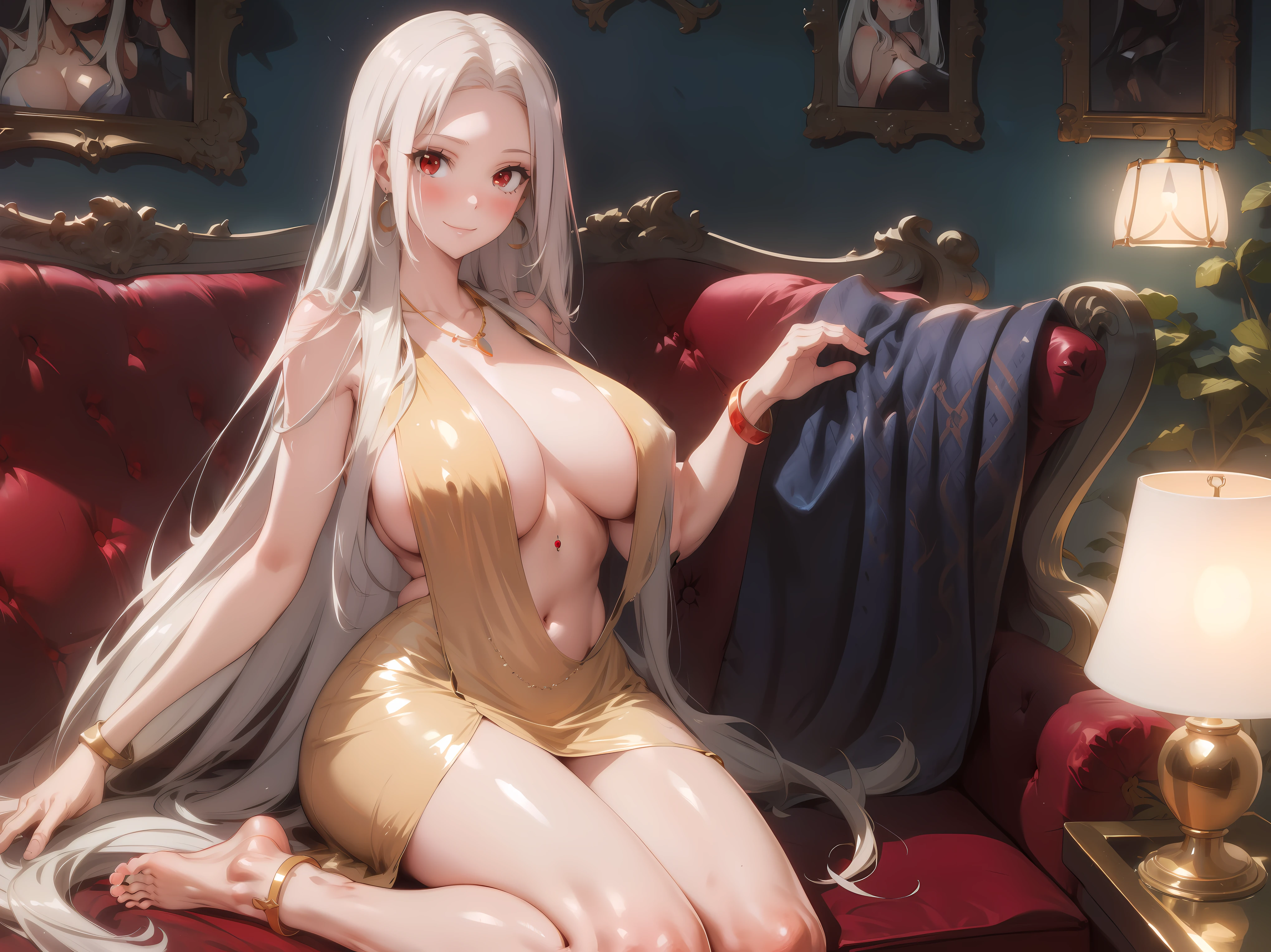 (cowboy shot:1.3),1girl,Irisviel von Einzbern,seductive smile, solo, long hair, looking at viewer, blush, bangs, (gigantic_breasts:1.6),(hanging breasts), (red eyes), dress, cleavage, bare shoulders, jewelry, sitting,armpits,very long hair, closed mouth, collarbone, white hair, thighs, earrings, sleeveless, indoors, necklace, white dress, bracelet,bare foot,toes, parted bangs, sleeveless dress,couch, bangle, lamp, picture frame, painting \(object\)