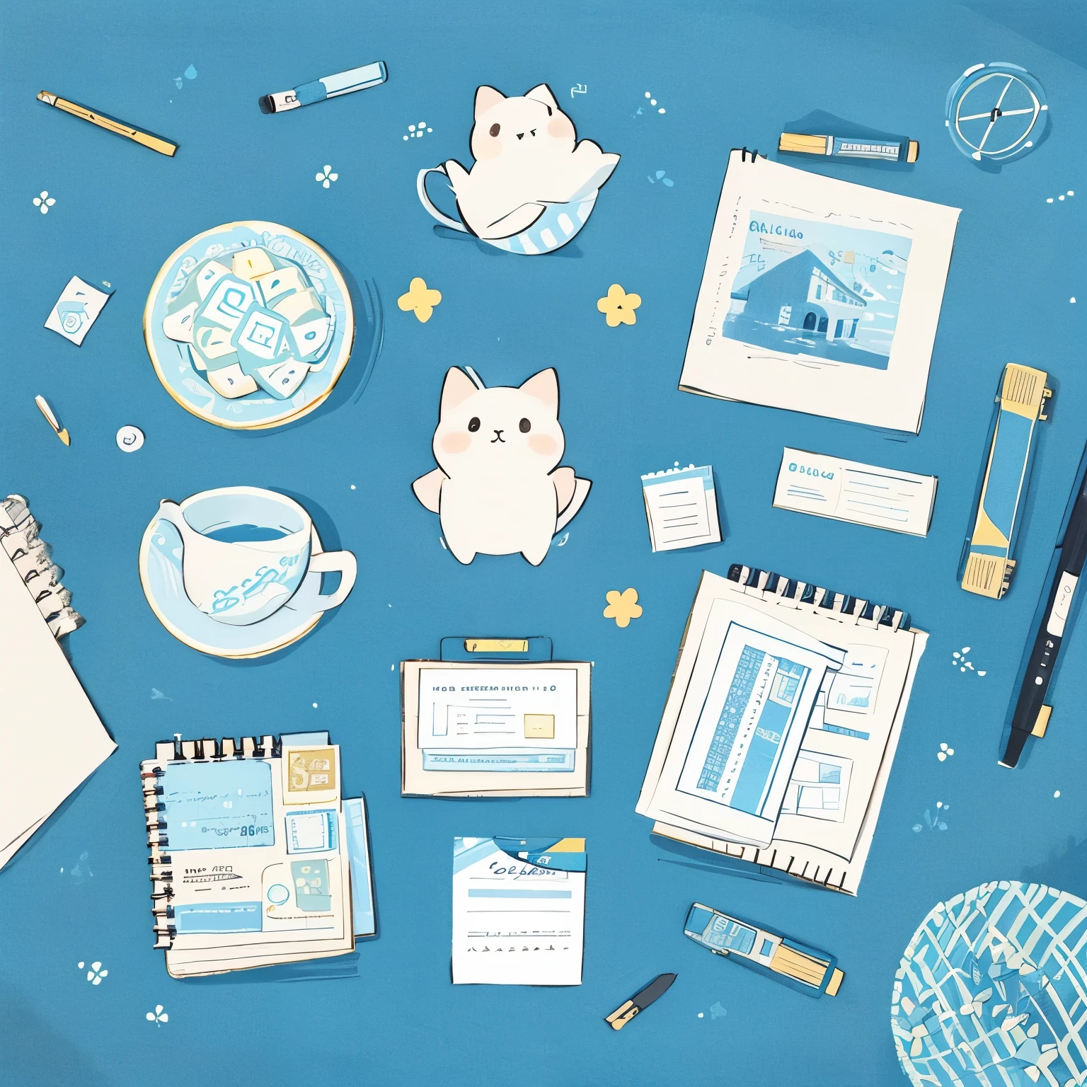 A detailed illustration, a top view of a desktopwith hand ledger, collage illustrations, and cutedecorations, (Different color schemes) as the main color tone--ar
