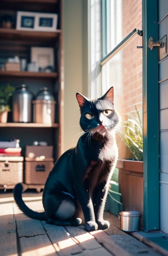 American modern antique house, Black cat wall clock, tin trailer, Pixar, ultra high definition, precise, high detail, Award-winning, best quality