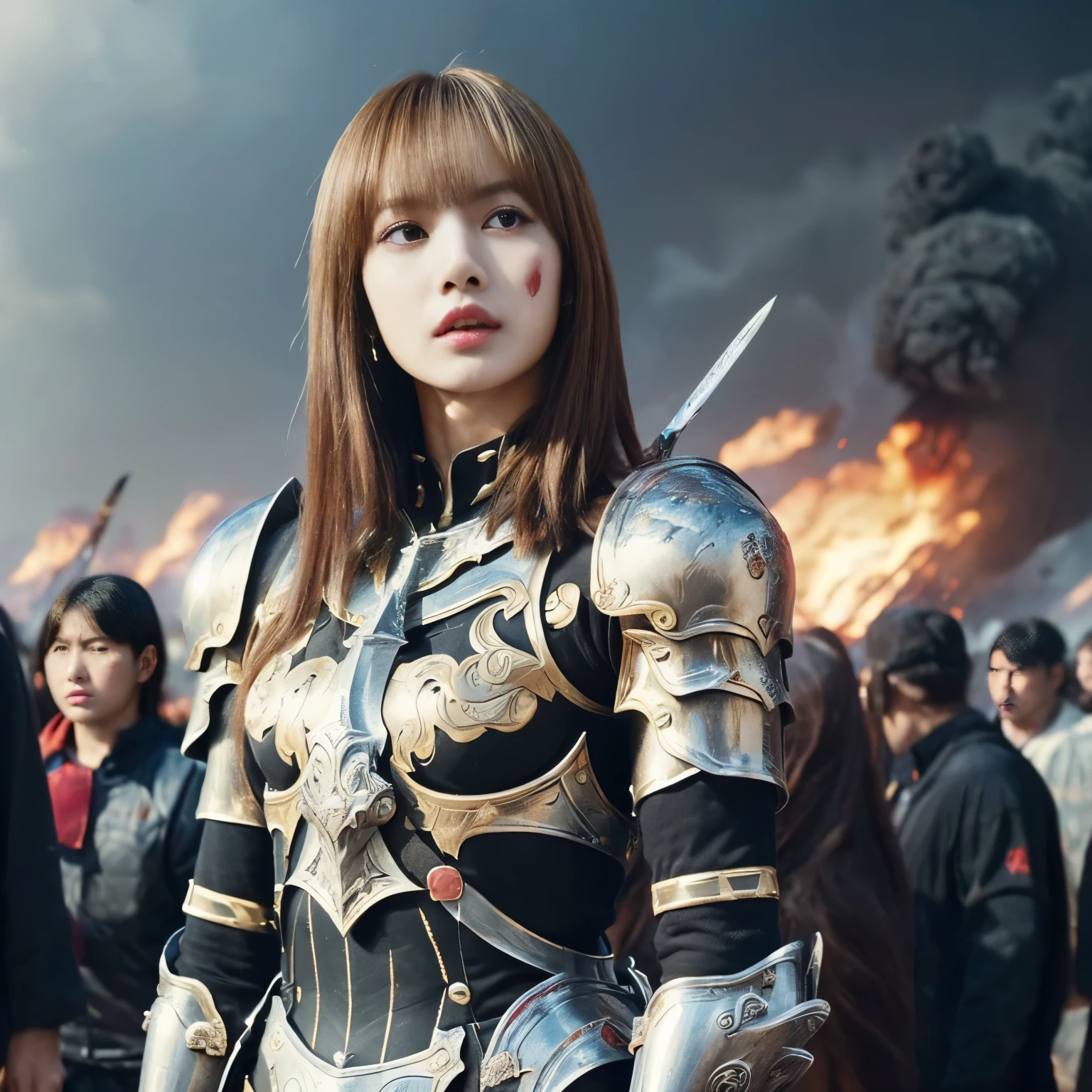 (((Realistic, masterpiece, best quality, crisp detail, high definition, high detail, sharp focus, perfect studio lightning, rich color, very rich detail))), 20 years old ((lisa blackpink)) kpop idol, wearing ((heavy golden armor, beautiful decorated armor, full body armor, bloody armor)), ((long straight, rainbow color)) hair, ideal body, big breast, dirty, sweating, ((bloodstained face, blood scattered armor, showing long blood scattered sword)), an epic war (( fire everywhere, smoke everywhere, blood everywhere, death everywhere, sorrounded by enemies)), japan edo period, dragon war background, war path, war zone, battle ground