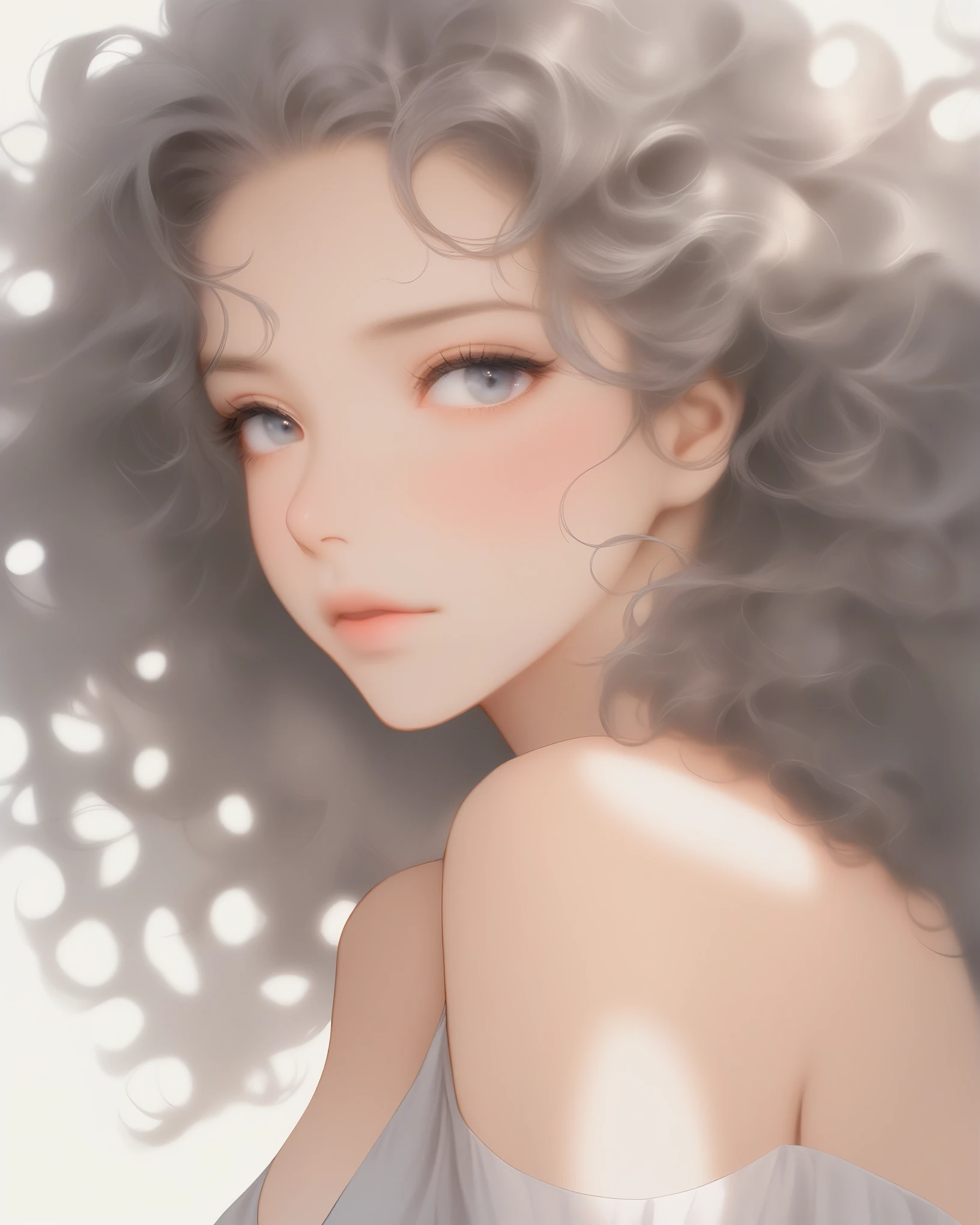 bare shoulder,sexy, cleavage,1 girl, view at viewer, portrait, curly hair,simple background, (masterpiece,best quality),lips, spark ,niji style, camisole, Blouse ,in the Liverpool,Gray gradient , anime,background,