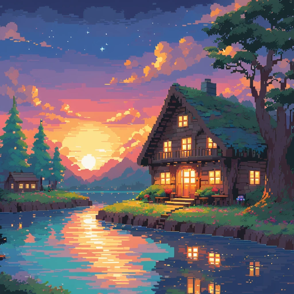 vibrant colors, retro style, detailed landscapes, cozy atmosphere, sunset, pixelated trees, peaceful river, charming cottage, warm glow from the windows, twinkling stars. (best quality, 4k, highres), ultra-detailed, (realistic:1.37), pixel art, vibrant colors, retro style, detailed landscapes, cozy atmosphere, sunset, pixelated trees, peaceful river, charming cottage, warm glow from the windows, twinkling stars.