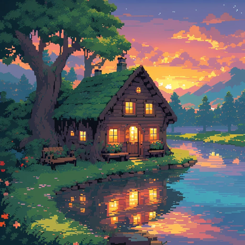 vibrant colors, retro style, detailed landscapes, cozy atmosphere, sunset, pixelated trees, peaceful river, charming cottage, warm glow from the windows, twinkling stars. (best quality, 4k, highres), ultra-detailed, (realistic:1.37), pixel art, vibrant colors, retro style, detailed landscapes, cozy atmosphere, sunset, pixelated trees, peaceful river, charming cottage, warm glow from the windows, twinkling stars.