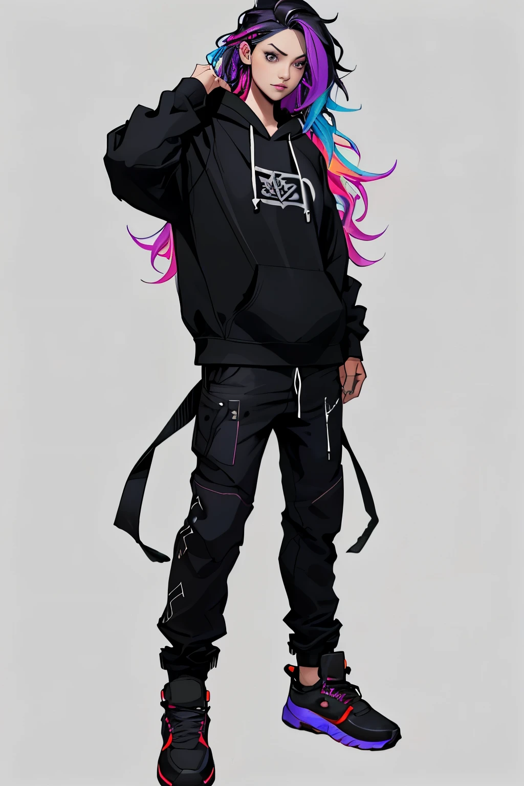 1 girl, wavy hair, colourful hair, ager, hoodie, pants, black clothing, colourful hair, light background, full body, long hair, teen, tribal tattoo, colorful parts, sketchbook, hand drawn hand, symbols, dark , bold, realistic sketch, sketch, mixing dark lines and loose lines, bold lines, on paper, turn on character sheet, human woman, grey eyes, full body, imposing pose, lots of details, stylish outfit, symbols, runes , dark theme , black shirt, beautiful, pretty, modest
