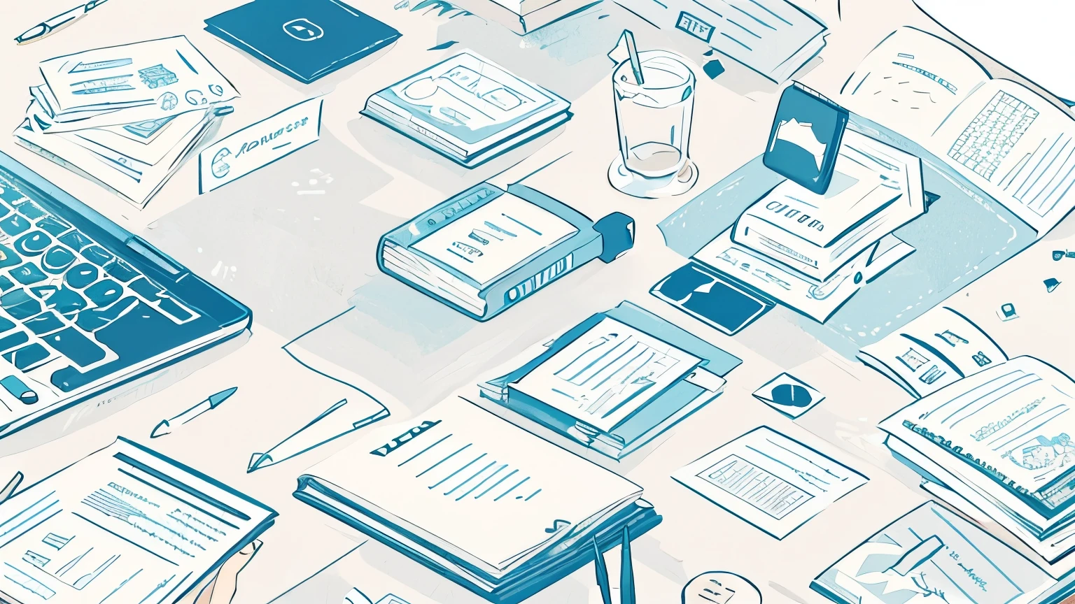 A detailed illustration, a top view of a desktopwith hand ledger, collage illustrations, and cutedecorations, (Different color schemes) as the main color tone--ar