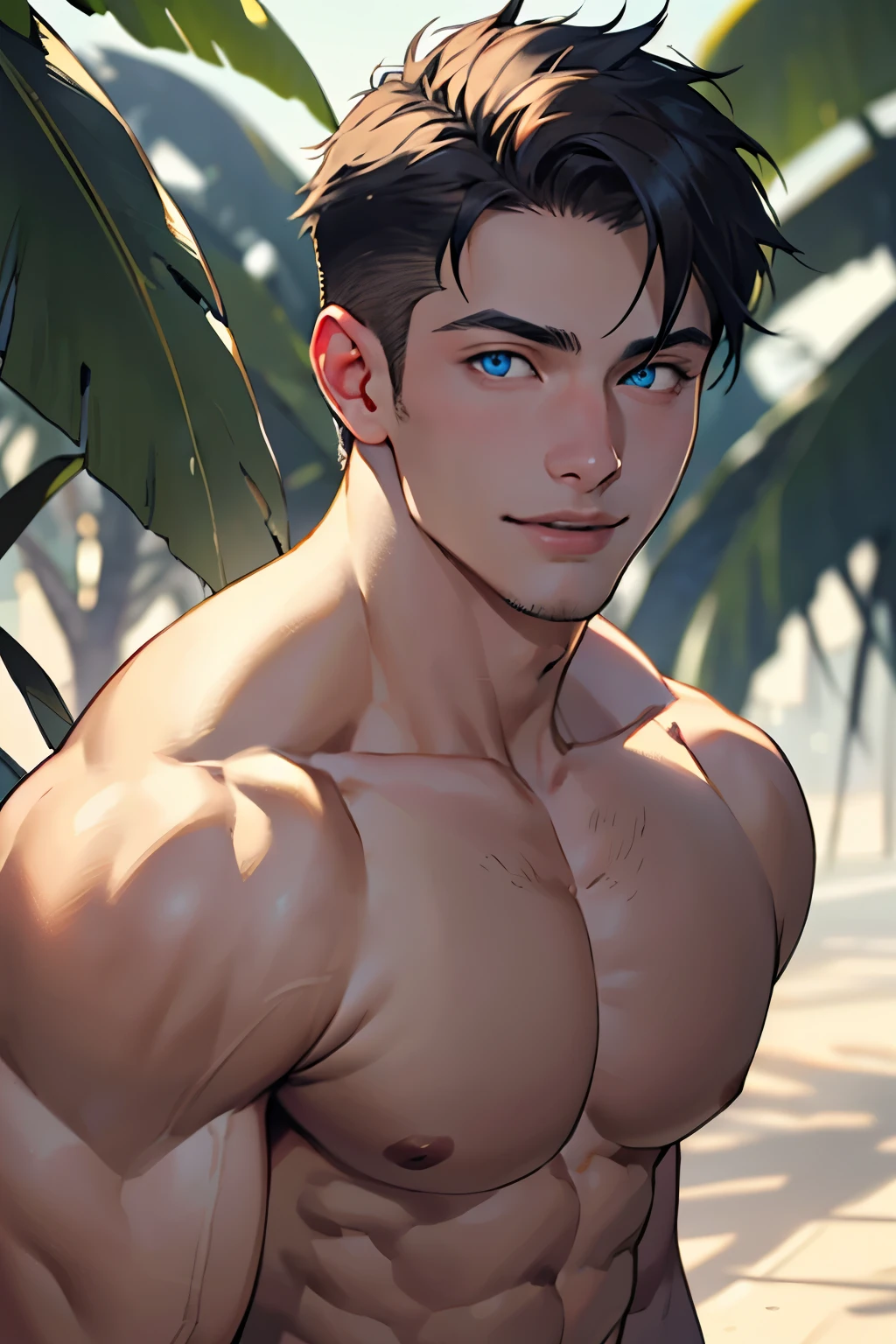 ((the best quality)), ((Masterpiece)), (details), perfect face, high definition, Masterpiece,4k,details clearly, Handsome face, white skin, perfect body, male body, strong muscles, abdomen, blue eyes, white skin, The most handsome man in the world, handsome, The coolest face, Male characters, sunlight, colorful picture, close image (1man, shirtless), young man, mischievous smile, Extremely muscular tall man, open your eyes ((detailed eyes)), huge, muscular body and Massive, bulging pecs, muscular abs, narrow waist, short hair, blue eyes, delicate big eyes, carefree expression, Clear face, handsome (detailed face, perfect face) ((extremely realistic shadows, bodybuilding posture, human, ((22-year-old young man))
