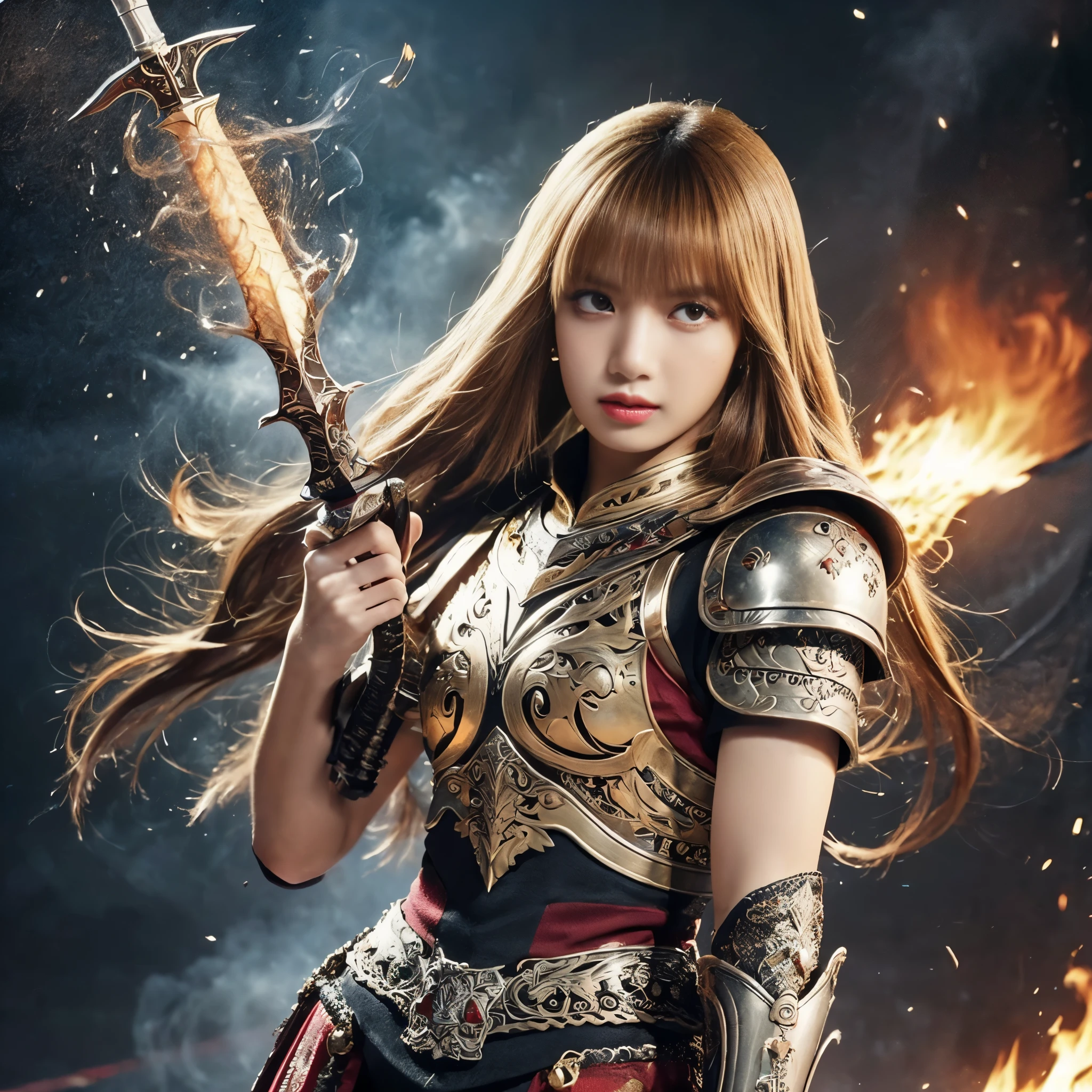 (((Realistic, masterpiece, best quality, crisp detail, high definition, high detail, sharp focus, perfect studio lightning, rich color, very rich detail))), 20 years old ((lisa blackpink)), wearing ((full decorated heavy golden armor, beautiful decorated armor, full body armor)), ((long straight, rainbow color)) hair, ideal body, big breast, dirty, sweating, ((bloodstained face, blood scattered armor, swinging long blood scattered sword)),(( fire everywhere, smoke everywhere, blood everywhere, death everywhere,)), (( fierce dragon, epic war)) background, war zone, battle ground