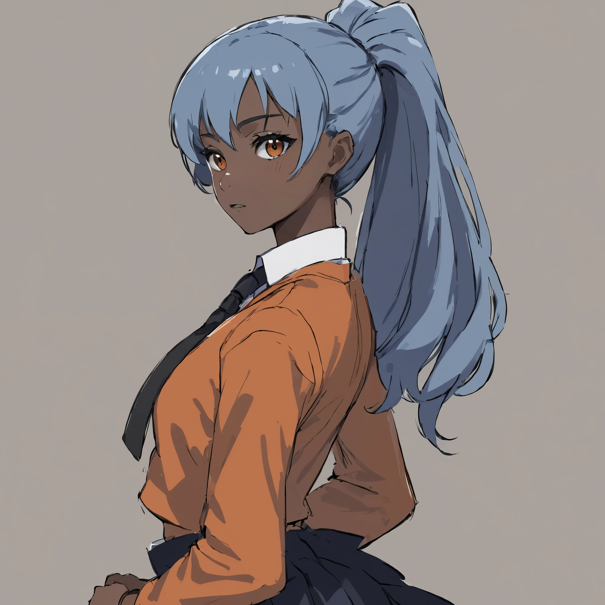 1 girl, Anime style, dark skin, grey eyes, blue hair, ponytail, long hair, hair pulled back into a ponytail, Orvnzhevaya , Orange clothes, black tie, blue skirt
