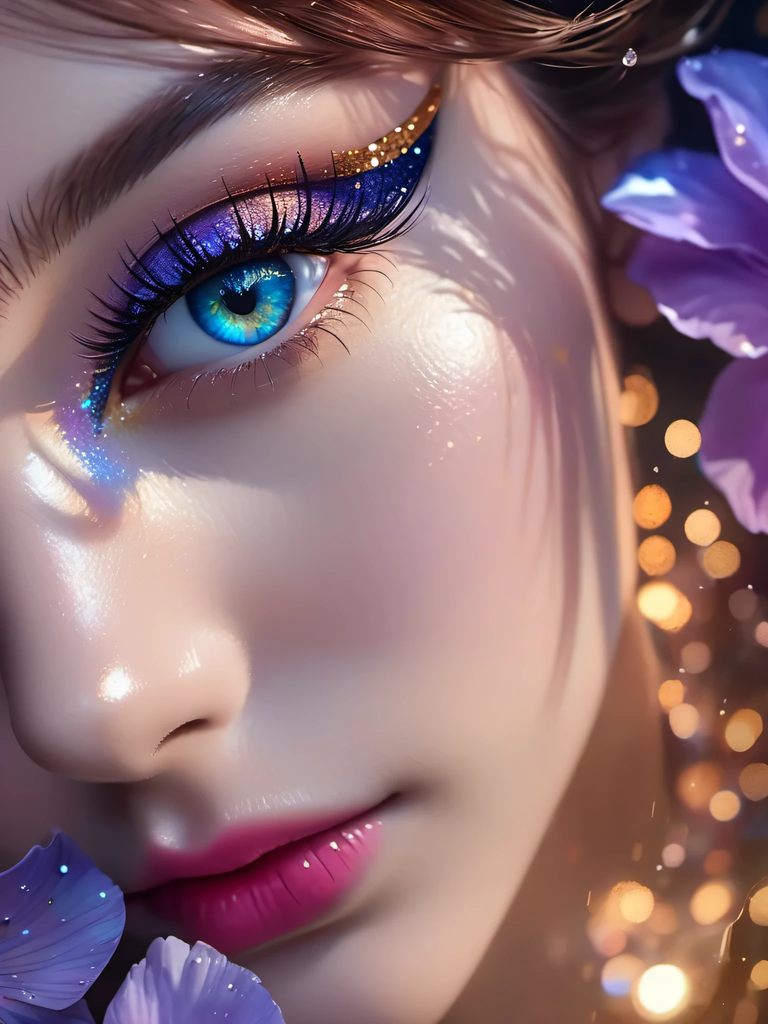Macro shot of girl with teary eyes (In the detailed part of the galaxy inside her iris、There is a dark ring around it。):1.2 , fantasy eyeshadow makeup, dark eyeliner and mascara, cinematic lighting, (masterpiece, 最high quality, 最high quality, official art, beautiful and aesthetic:1.2), (photographrealistic, ultra realistic 8K CG), raw photograph, photograph:1.5, realistic:1.5, photographrealistic:1.5, ultra high resolution, 8K, texture skin, realistic skin, fine skin, most detailed, very detailed, 8K wallpaper, colorful, (black magic), (strict), stones and rings, (intricate details), (very detailed), 8K hdr, highly detailed, lots of details, high quality, soft movie-like light, dramatic atmosphere, atmospheric perspective (I focus), color ink painting,