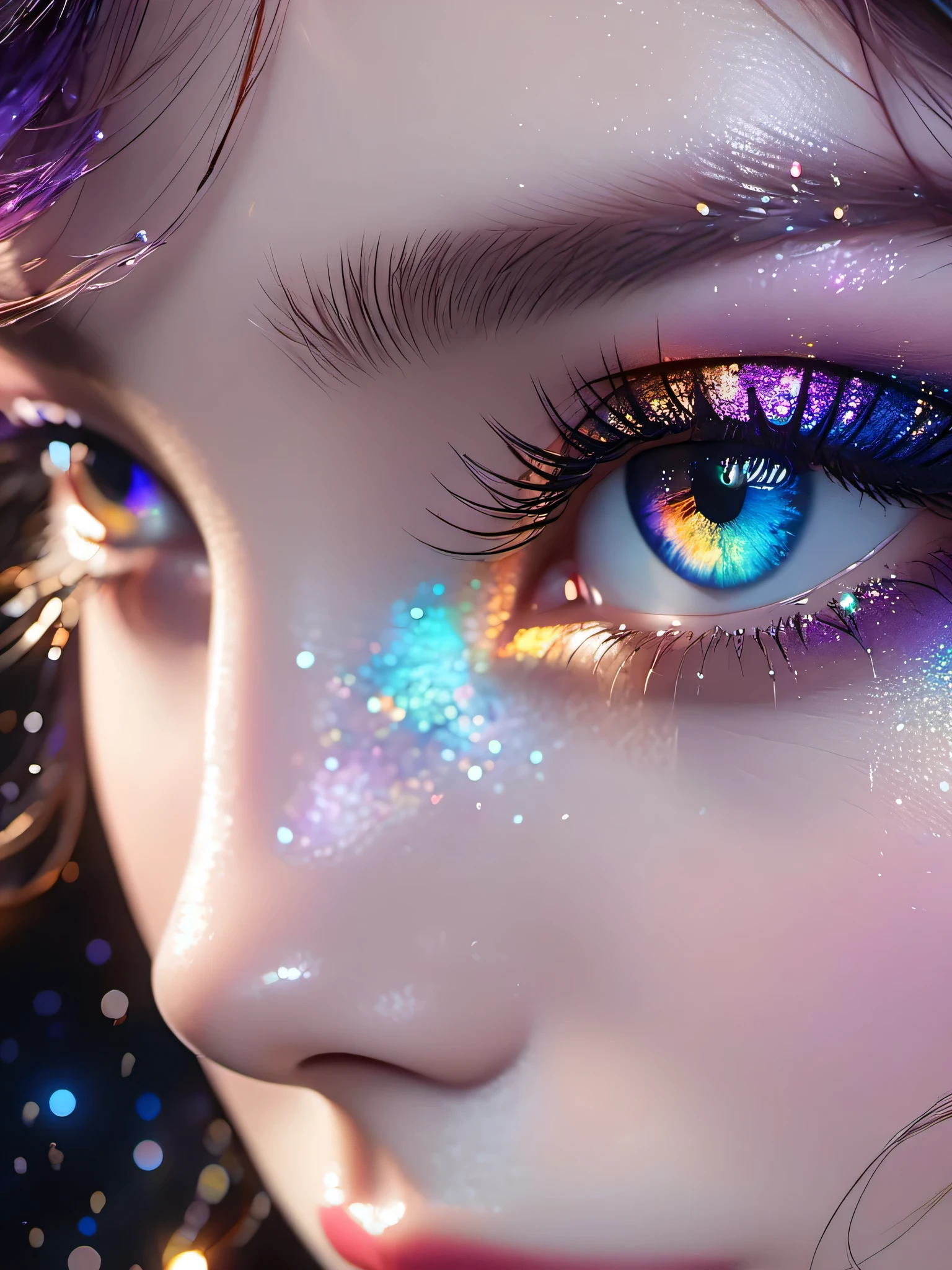 Macro shot of girl with teary eyes (In the detailed part of the galaxy inside her iris、There is a dark ring around it。):1.2 , fantasy eyeshadow makeup, dark eyeliner and mascara, cinematic lighting, (masterpiece, 最high quality, 最high quality, official art, beautiful and aesthetic:1.2), (photographrealistic, ultra realistic 8K CG), raw photograph, photograph:1.5, realistic:1.5, photographrealistic:1.5, ultra high resolution, 8K, texture skin, realistic skin, fine skin, most detailed, very detailed, 8K wallpaper, colorful, (black magic), (strict), stones and rings, (intricate details), (very detailed), 8K hdr, highly detailed, lots of details, high quality, soft movie-like light, dramatic atmosphere, atmospheric perspective (I focus), color ink painting,