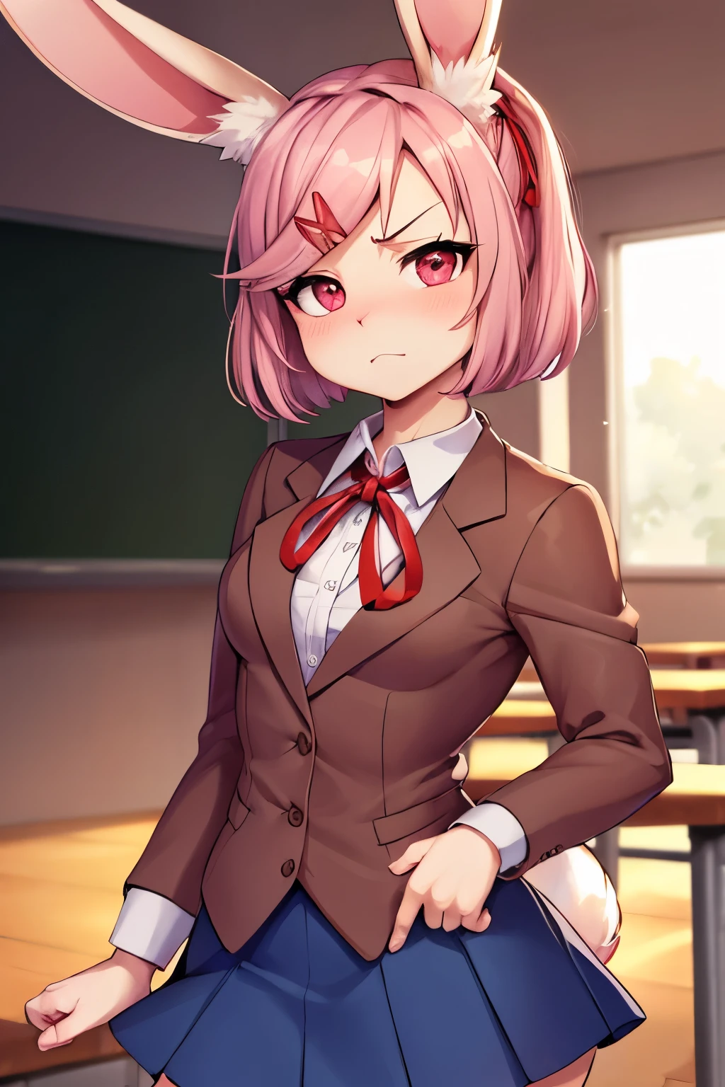 ((by dagasi)), solo female,looking at viewer, masterpiece, best quality, bunny ears, pink eyes,furry,Natsuki from doki doki,bunny, furry, full body shot, solo,blazer, blouse, blue skirt, jacket, brown jacket, miniskirt, neck ribbon, ribbon, , shirt, skirt, white shirt,white fur,pink hair, (furry), bunny girl, bunny ears, ((body fur)), (smooth fur), bunny tail, blush,[not explicit content,sfw]hands behind,class room,class room background, looking to the viewer, angry face,angry eyes,tsundere,small girl,view from above,flat breasts,flat chest, red ribbon,red ribbon on hair, fluffy fur, grey fur, long lashes, tail, one tail, blushing, narrow shoulders, dantie, feminine body, hourglass figure, shy, wide hips, thick thighs, large butt, black briefs, facing viewer, classroom interiorblazer, blue skirt, brown jacket, collared shirt, jacket, long sleeves, miniskirt, neck ribbon, pleated skirt, red ribbon, ribbon, very flat chest,very flat breasts, shirt, skirt, swept bangs, vest, white shirt, wing collar, x hair ornament,red ribbon on hair,angry but shy, angry but blushing, angry,tiny,small,very small breasts, angry face, rabbit girl, bunny girl, rabbit ears, bunny ears, view from above, small girl, tall viewer,