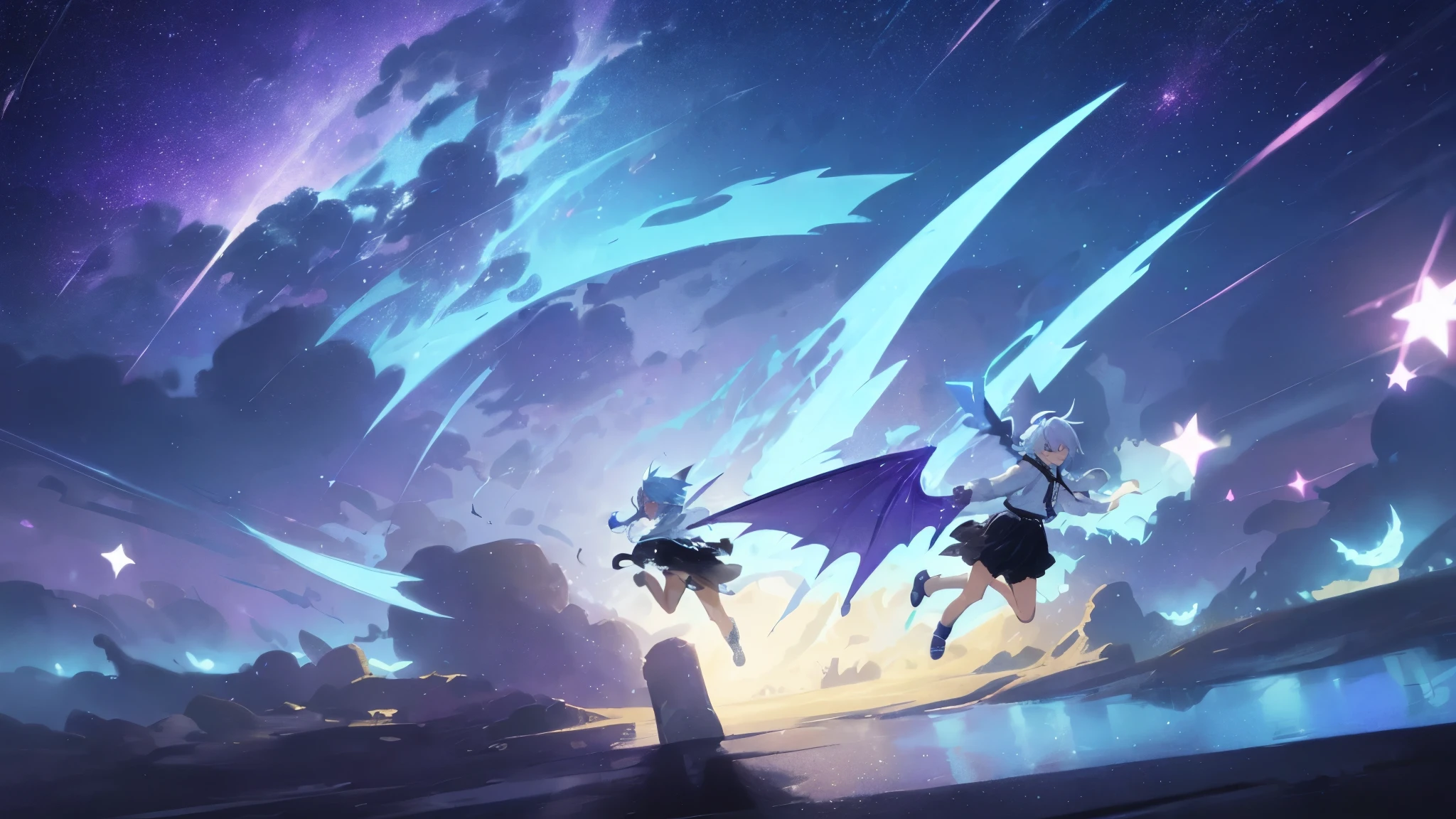 Two dimensions、beautiful girl、under the starry sky、cute、wearing a white hoodie、light blue hair、smile、illustration style、Shooting stars are flowing、running、There are dark purple dragon wings on his back..。Wearing a black skirt、 anime girl、fine skin、Speedy、running in the sky。highest quality