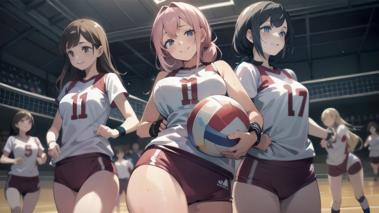 unity 8k wallpaper, anatomically correct, (((masterpiece))), (((best quality))), (((ultra detailed))), (((high-resolution))), ((super fine illustration)), ((Ultimate cutie)), ((detailed beautiful face)), perfect hands, perfect finger, (((good anatomy))), BREAK, multiple girls, lovingly gaze, harem, group picture, 17 years old, (potbelly), (Curve), medium breasts, ((thick thighs)), Shiny hair, (((coquettish smile))), (((blush))), BREAK, Adidas, Sleeveless collared Volleyball Uniforms, ((wristbands)), BREAK, (Hold the beautiful spherical 6-inch volleyball), ((Sweat)), (perspired), (Heavy breathing), in gymnasium, in volleyball court, depth of field, strong light, cowboy shot,,