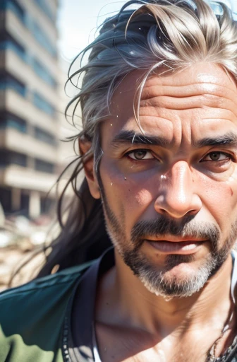 original photo, A brutal close-up portrait photo of a 45-year-old.oh,Man in wasteland clothes, long hair, pale skin, slim, City ruins in the background, (High detail skin:1.2), 8K Ultra HD, DSLR camera, soft light, high quality, film grain, Fuji XT3
