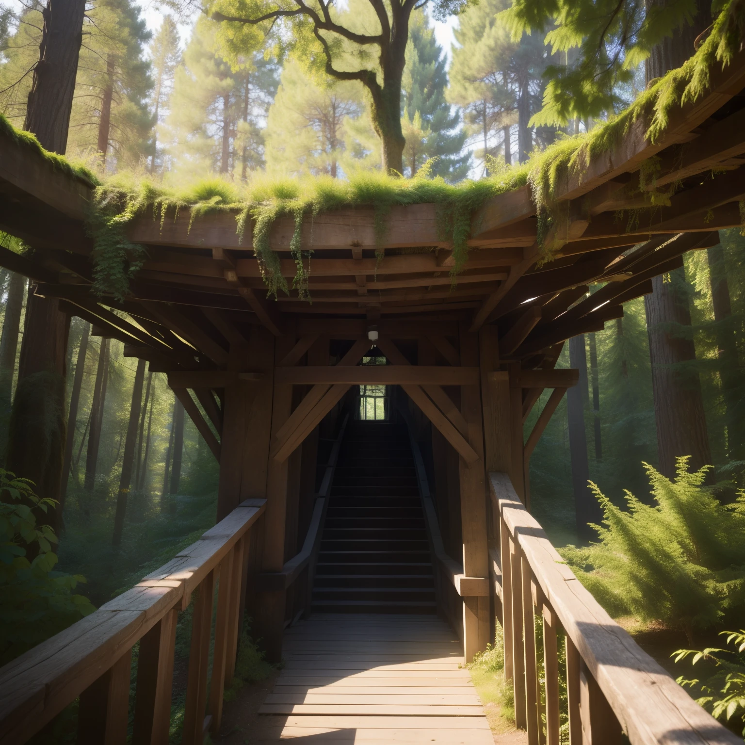 Large trees intertwined with plant rings., Petites personnes., Cabane dans les arbres ornementale ronde, Pont suspendu entre cabanes dans les arbres, L'escalier est sculpté d'bark of'arbre., bogue, Les particules brillent dans l'air., Fairytale forest, vert, je suis, jaune, violet