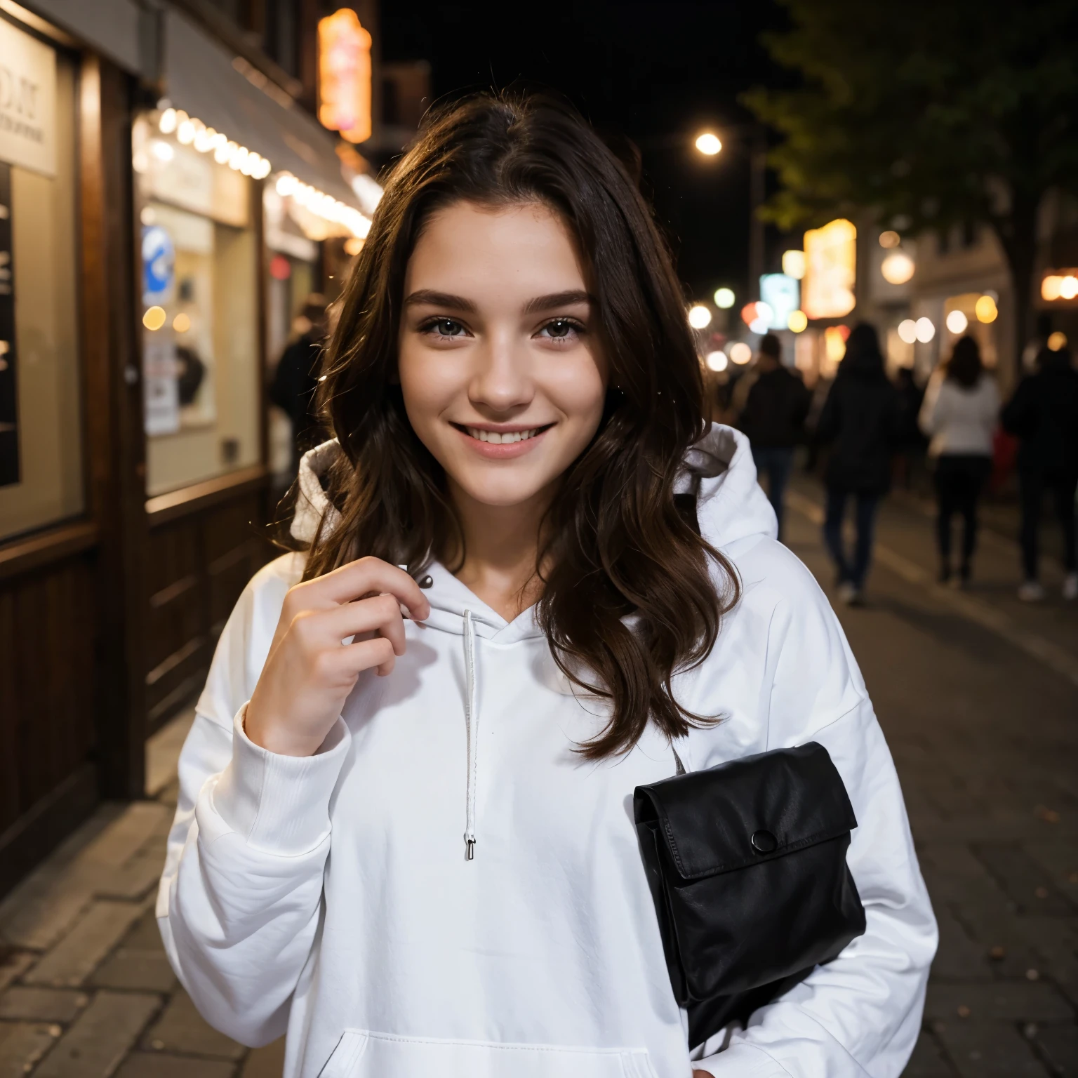night shot of a 19 year old white beautiful model, wearing black hoodie, smiling and walking outside, brown long curly hairs, hazel eyes, happy face, realistic photography