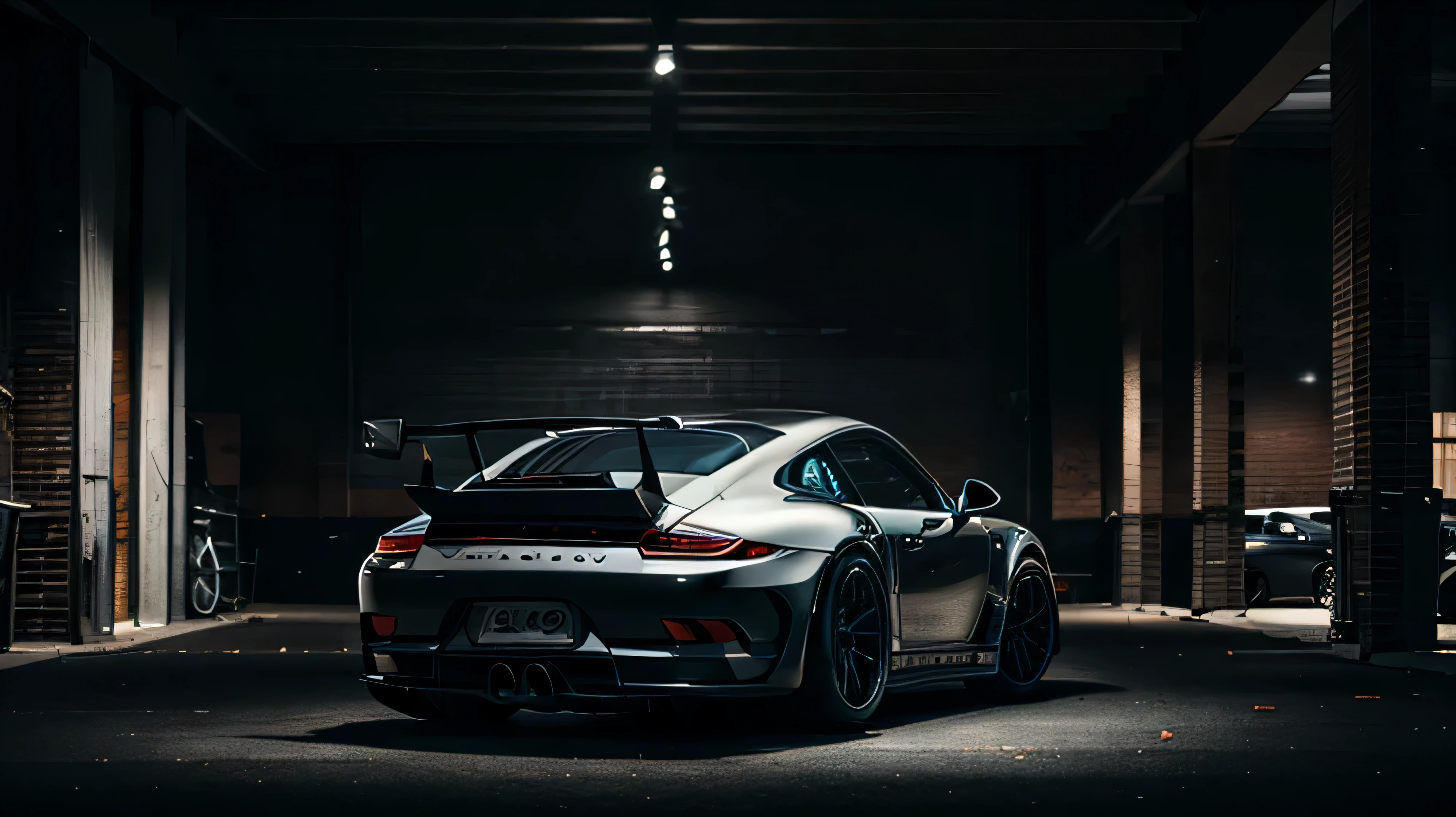 (best quality, realistic, very detailed) Sport Porsche 911 gt3, black color, cinematic view, night time