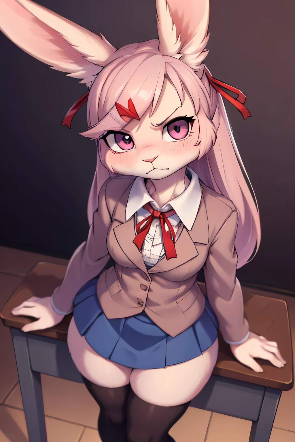 solo female,looking at viewer, masterpiece, best quality, bunny ears, pink eyes,furry,Natsuki from doki doki,bunny, furry, full body shot, solo,blazer, blouse, blue skirt, jacket, brown jacket, miniskirt, neck ribbon, ribbon, , shirt, skirt, white shirt,white fur,pink hair, (furry), bunny girl, bunny ears, ((body fur)), (smooth fur), bunny tail, blush,[not explicit content,sfw]hands behind,class room,class room background, looking to the viewer, angry face,angry eyes,tsundere,small girl,view from above,flat breasts,flat chest, red ribbon,red ribbon on hair, fluffy fur, grey fur, long lashes, tail, one tail, blushing, narrow shoulders, dantie, feminine body, hourglass figure, shy, wide hips, thick thighs, large butt, black briefs, facing viewer, classroom interiorblazer, blue skirt, brown jacket, collared shirt, jacket, long sleeves, miniskirt, neck ribbon, pleated skirt, red ribbon, ribbon, very flat chest,very flat breasts, shirt, skirt, swept bangs, vest, white shirt, wing collar, x hair ornament,red ribbon on hair,angry but shy, angry but blushing, angry,tiny,small,very small breasts, angry face, rabbit girl, bunny girl, rabbit ears, bunny ears, view from above, small girl, tall viewer,