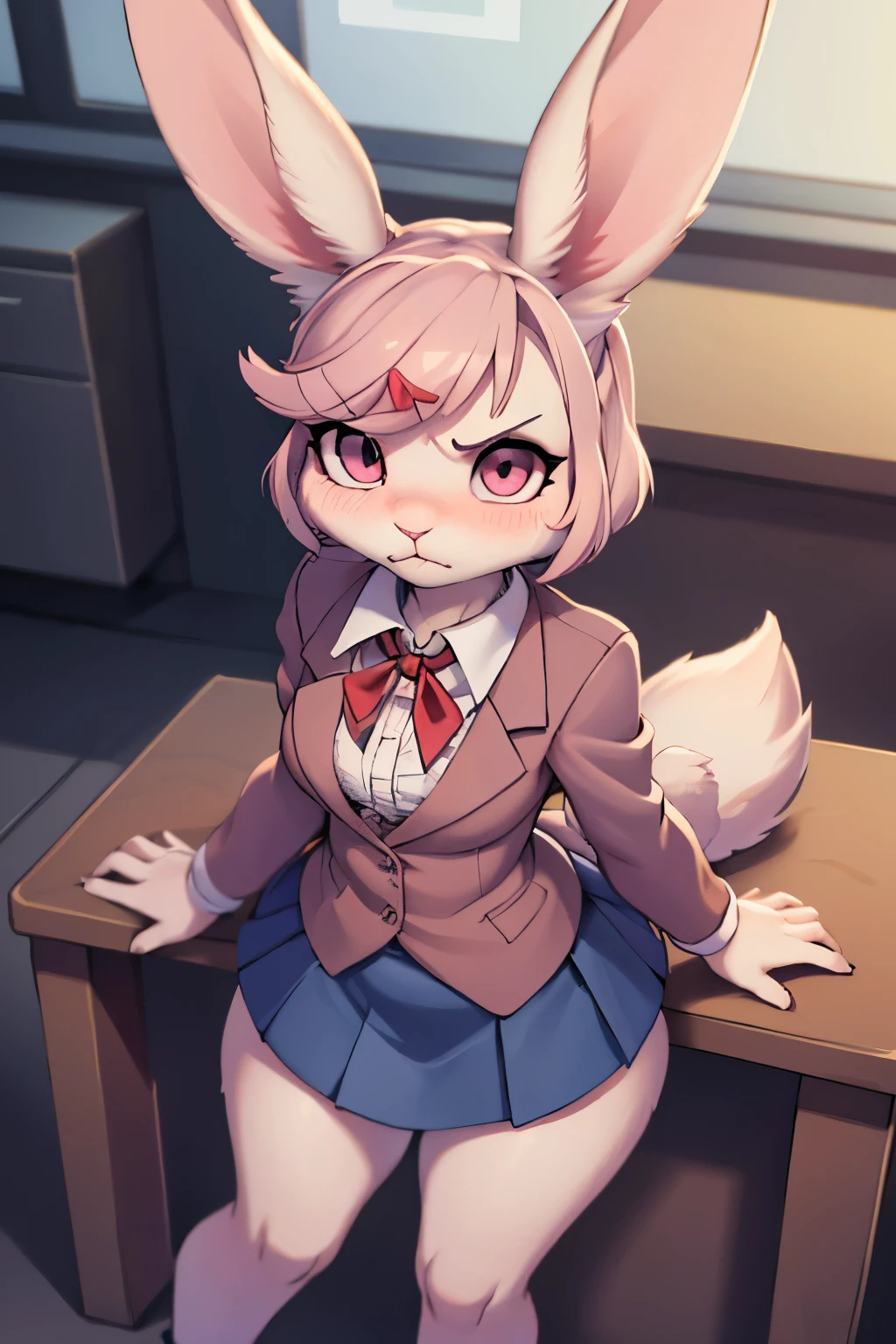 solo female,looking at viewer, masterpiece, best quality, bunny ears, pink eyes,furry,Natsuki from doki doki,bunny, furry, full body shot, solo,blazer, blouse, blue skirt, jacket, brown jacket, miniskirt, neck ribbon, ribbon, , shirt, skirt, white shirt,white fur,pink hair, (furry), bunny girl, bunny ears, ((body fur)), (smooth fur), bunny tail, blush,[not explicit content,sfw]hands behind,class room,class room background, looking to the viewer, angry face,angry eyes,tsundere,small girl,view from above,flat breasts,flat chest, red ribbon,red ribbon on hair, fluffy fur, grey fur, long lashes, tail, one tail, blushing, narrow shoulders, dantie, feminine body, hourglass figure, shy, wide hips, thick thighs, large butt, black briefs, facing viewer, classroom interiorblazer, blue skirt, brown jacket, collared shirt, jacket, long sleeves, miniskirt, neck ribbon, pleated skirt, red ribbon, ribbon, very flat chest,very flat breasts, shirt, skirt, swept bangs, vest, white shirt, wing collar, x hair ornament,red ribbon on hair,angry but shy, angry but blushing, angry,tiny,small,very small breasts, angry face, rabbit girl, bunny girl, rabbit ears, bunny ears, view from above, small girl, tall viewer,