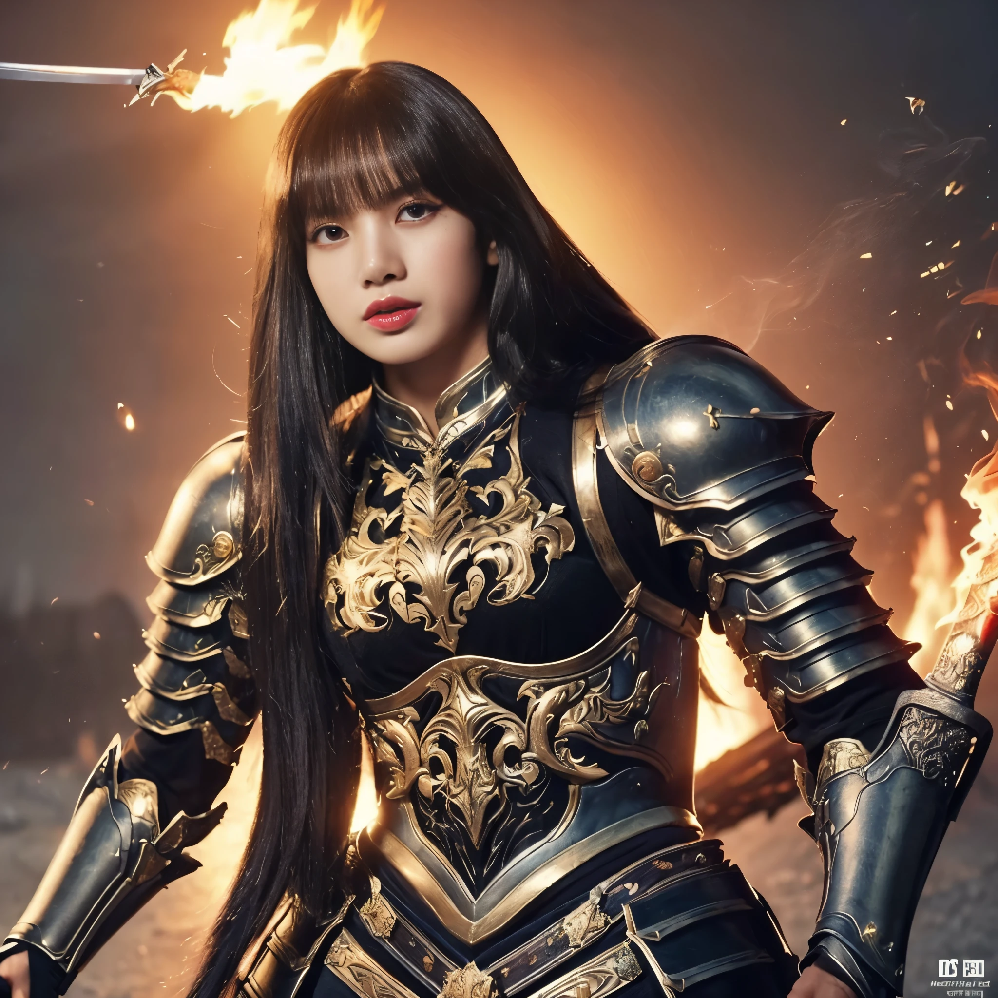 (((Realistic, masterpiece, best quality, crisp detail, high definition, high detail, sharp focus, perfect studio lightning, rich color, very rich detail))), 20 years old ((lisa blackpink)), wearing ((full decorated heavy golden armor, beautiful decorated armor, full body armor)), ((long straight, rainbow color)) hair, ideal body, big breast, dirty, sweating, ((bloodstained face, blood scattered armor, long blood scattered sword on back, firing plasma energy)),(( fire everywhere, smoke everywhere, blood everywhere, death everywhere,)), (( fierce dragon, epic war)) background, war zone, battle ground
