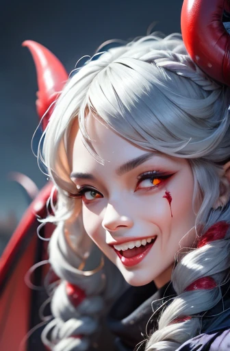 Red eyes, vampire的牙齿獠牙, Bold face, blood flowing from mouth, giggle,bat wings, scary smile, psychopathic giggle, sick smile, scary, oral help, angry eyes, vampire, dark sky background, Red + blue + green, glowing Red moon