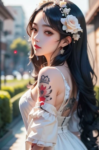 anime girl,long black hair,white dress,Red rose, tattoo, Detailed beautiful eyes, guweiz, guweiz on pixiv artstation, Detailed digital animation art, beautiful anime girl, guweiz on artstation pixiv, anime style 4k, guys, Beautiful anime portrait, Detailed portrait of anime girl, Detailed anime art, Beautiful anime woman