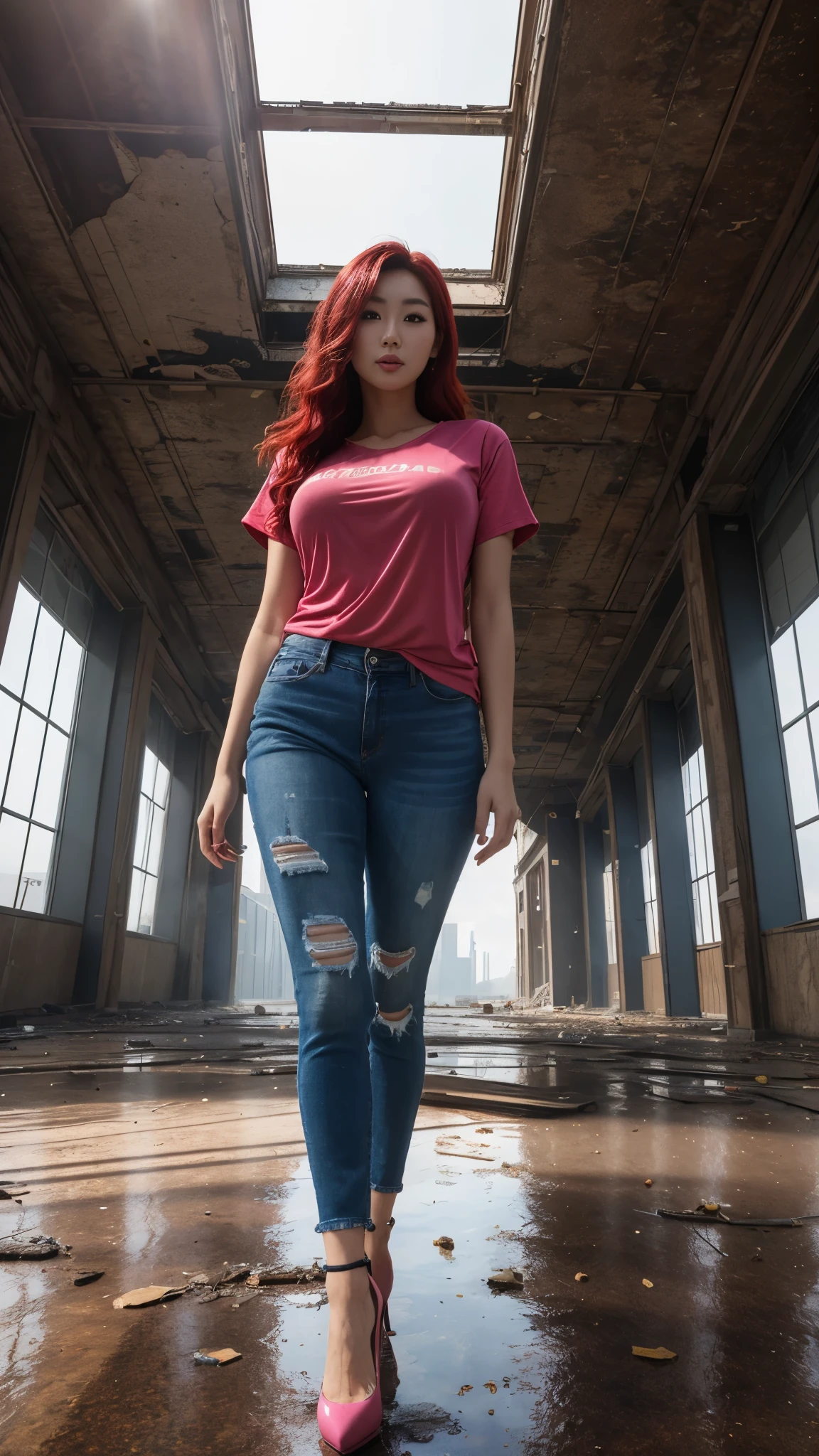 A hot korean woman, age 25 years old, 180 cm, flowy red hair, natural makeup, perfect body shape, giant colossal breasts, (pink tight jersey shirt with u-neck short-sleeve and ripped long skinny jeans), stilettos, high heels, long legs, open the legs, sexy pose, full body, front view, night, at large abandoned ruined mall, flooded floor, ruined floor, ruined wall, ruined roof, glass ceiling, upstairs viewpoint with parapet, dynamic light, 8K, masterpiece, ultra detailed, flashlight, studio lighting, blue and red color lighting backlight, fogging, little bit smokey, lens flare, movie scene, dramatic photo