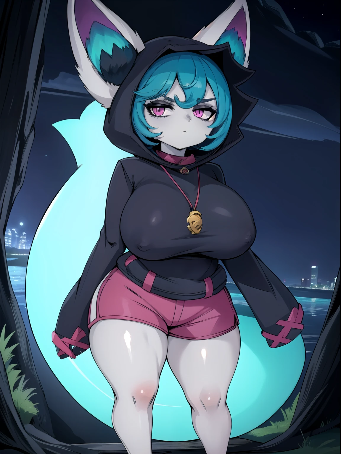 vex1, (grey skin:1.3), full body, standing, outdoors, sky, closed mouth, glare, looking at viewer, pink shorts, jewelry, necklace,night.forest,solo, short, large breasts, large waists, (shortstackbt),sharp color