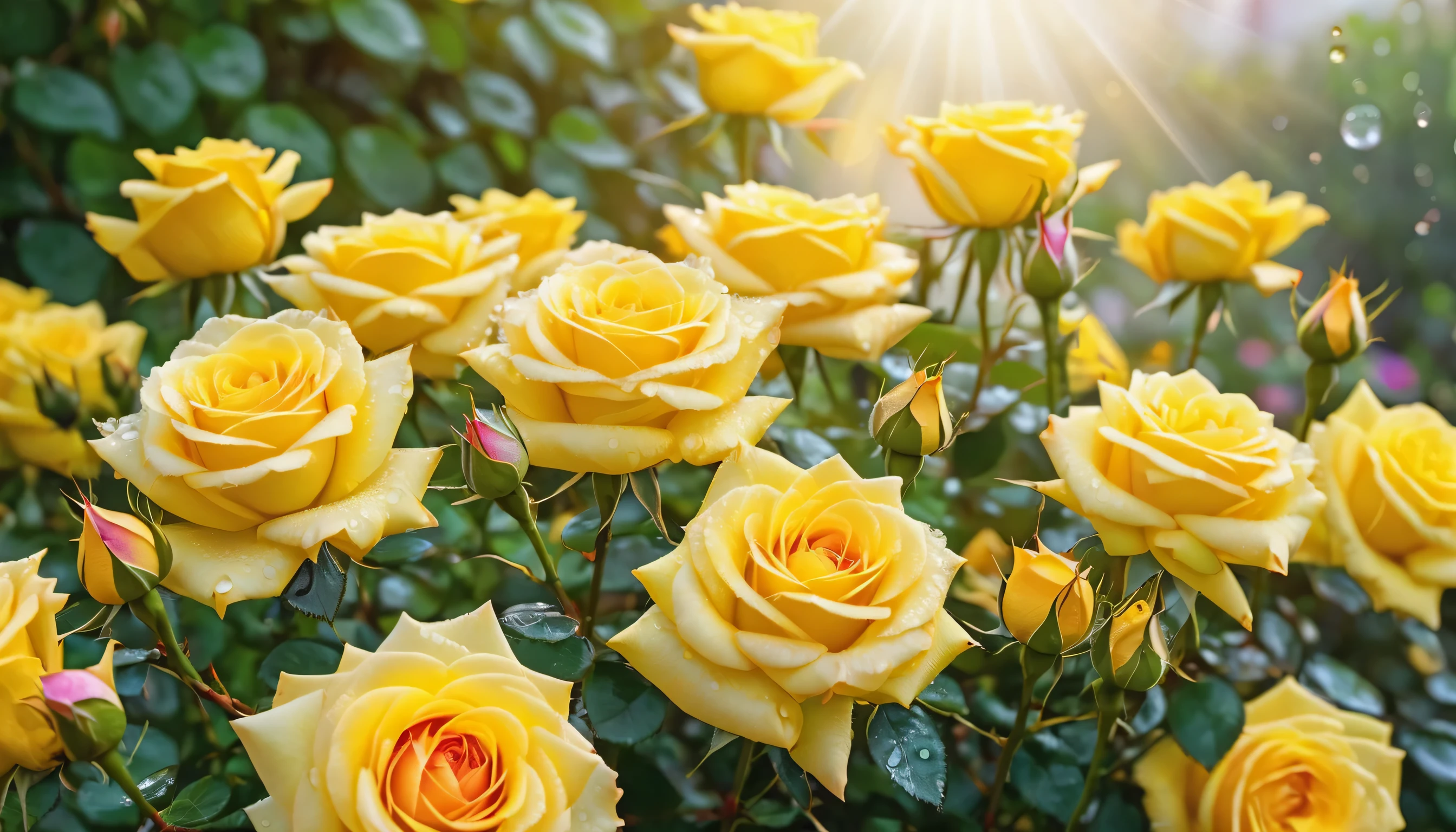 Many yellow color rose flowers in the garden and sunlight with bokeh, dew drops on flower petals (masterpiece, ultra quality, high resolution, 8k, intricate: 1.2), (masterpiece), (best quality:1)
