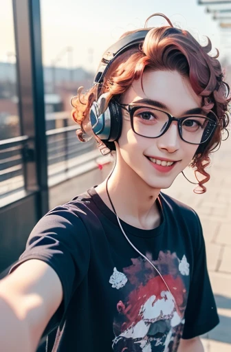 Haiyi Robot, Text 2 Picture, 11:21:31, masterpiece, best quality),1 16 year old boy, red wavy hair, round glasses, curls, Smile, Black T-shirt, wide mouth jeans, hands on waist, Headphones in ears, warm light, Blurred foreground, Posing for a selfie.