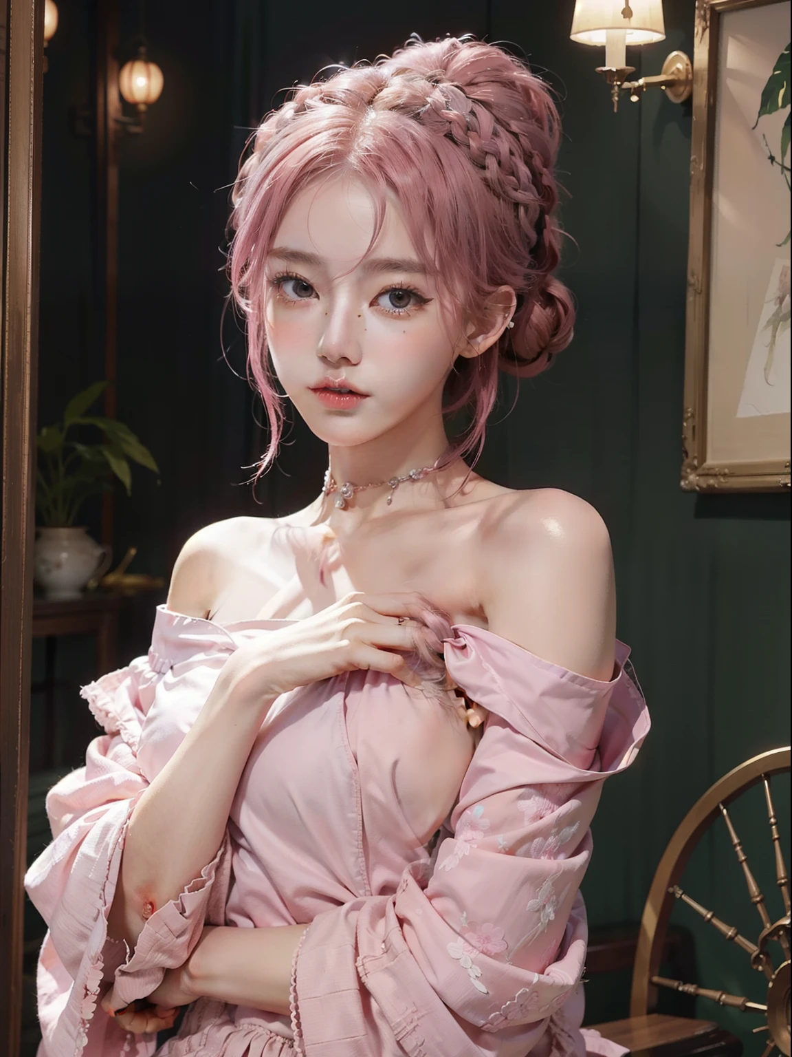 1 girl, best quality, masterpiece, realistic, off-the-shoulder outfit, pink hair tied loosely braided bun, chinese fantasy