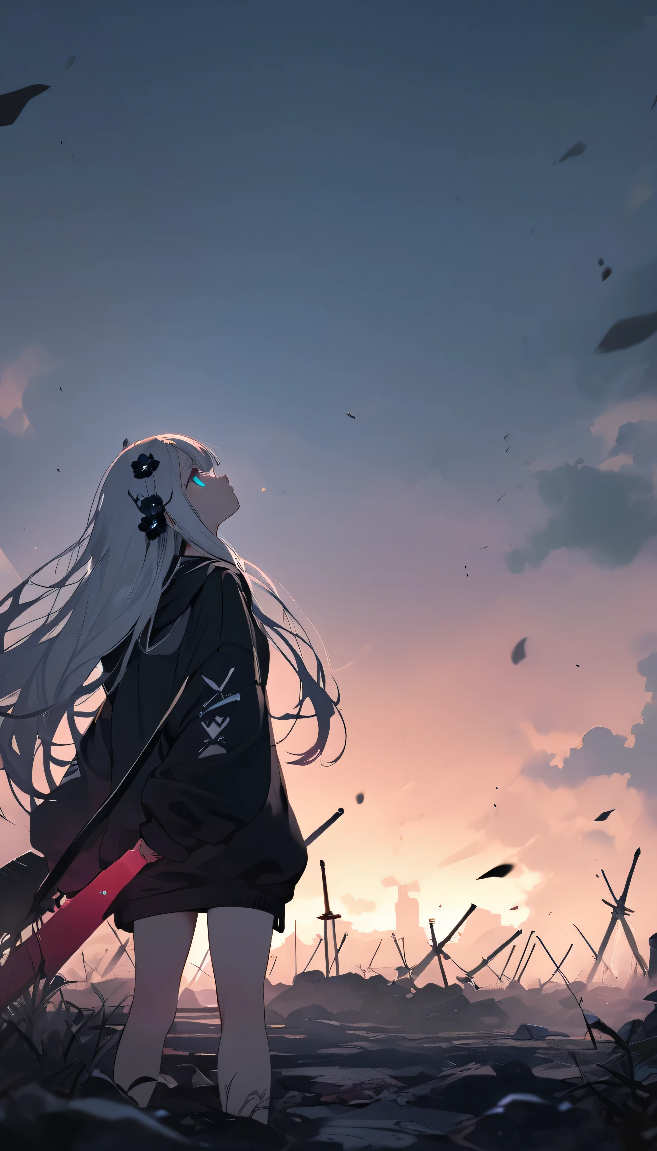 Masterpiece, saturate, full HD, best quality, 1girl, ( young girl, cute girl), slim body.medium breast, white light hair.detailed beautiful eyes. Glowing eye. Bright aqua eyes, long hair, bangs, black flower hair ornament, black hoodie oversized, holding sword. Black flower hair ornament. girl's head facing upwards, shadows surrounding girl, foggy theme, rocky plain background and many swords sticking into the ground, foggy
