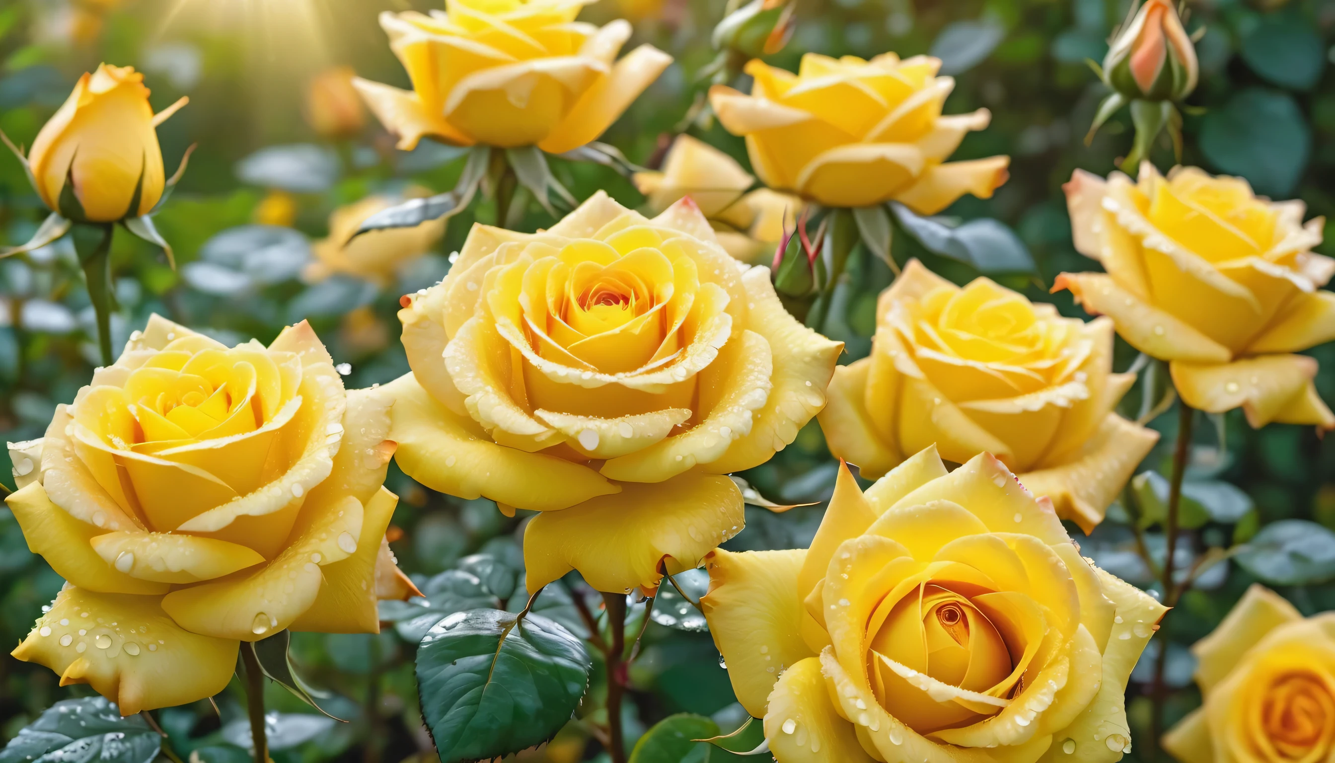 Many yellow color rose flowers in the garden and sunlight with bokeh, dew drops on flower petals (masterpiece, ultra quality, high resolution, 8k, intricate: 1.2), (masterpiece), (best quality:1)