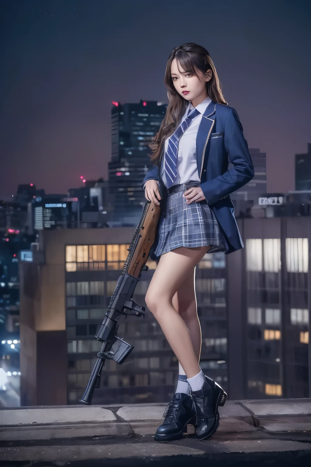 1womanl、(Super beautiful)、(beauitful face:1.5)、(A detailed face)、is standing、(high-school uniform)、Dark blue jacket、white  shirt、neck tie、Plaid mini skirt、Brown hair、(Dark makeup)、(holding rifle)、(Aim your rifle:1.5)、h&K HK416、(On the roof of a high-rise building)