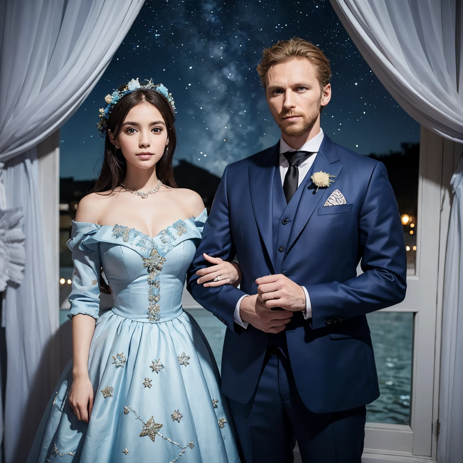 Esposo y esposa embarazada vestida de azul con dos gatos siames y fondo de la noche estrellada de Vincent Van Gogh