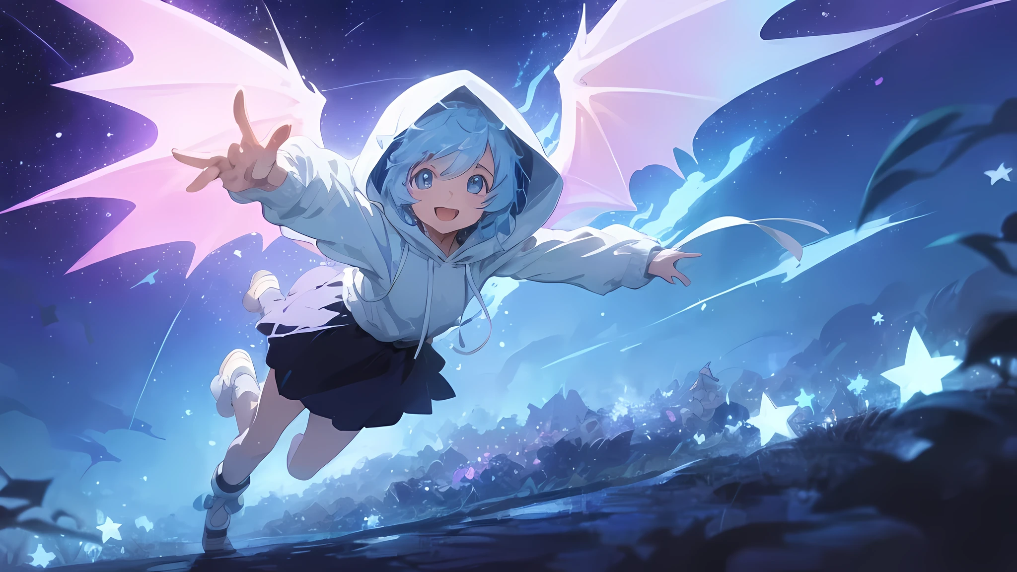 Two dimensions、beautiful girl、under the starry sky、cute、wearing a white hoodie、light blue hair、smile、illustration style、Shooting stars are flowing、running、It has dark purple dragon wings on its back.。wearing a black skirt、 anime girl、fine skin、Speedy、running in the sky。highest quality