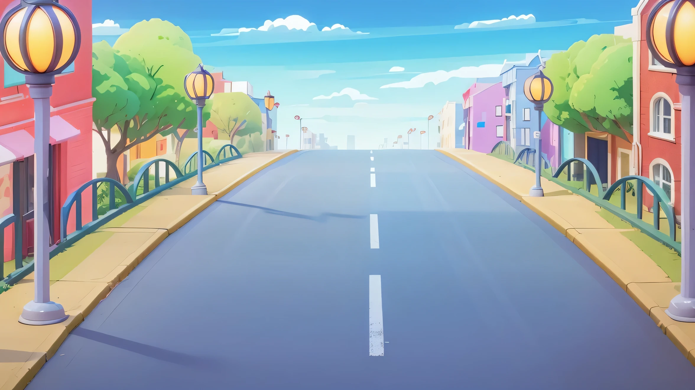 cartoon illustration of a street with a bridge and a street light, city street view background, street background, town center background, town background, random background scene, city street, background art, 2 d game art background, background urban cityscape, background artwork, city background, beautiful cityscape background, modern city street, anime style cityscape, mobile game background, 2d game background