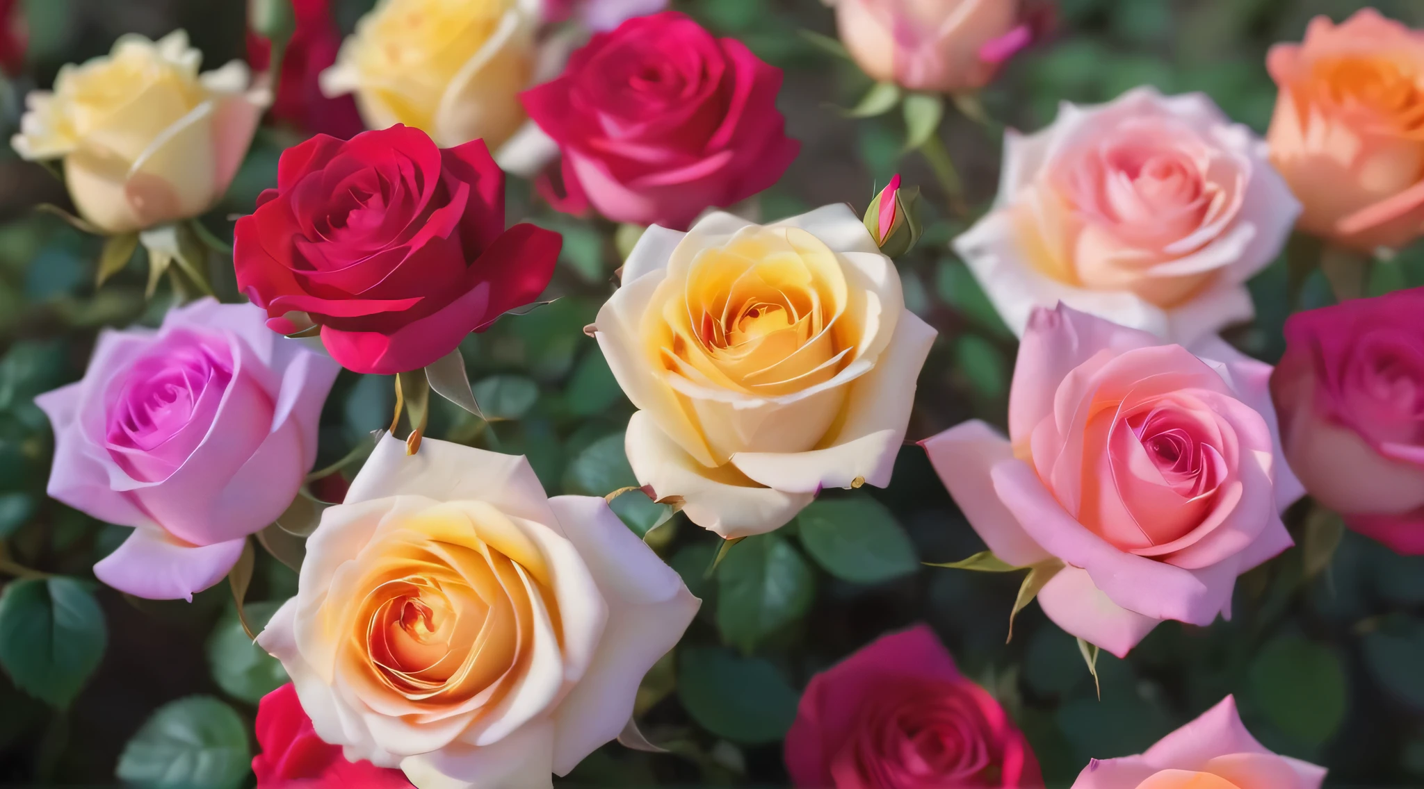 Many different color rose flowers in the garden and sunlight with bokeh, there are many different colored roseasterpiece, ultra quality, high resolution, 8k, intricate: 1.2), (masterpiece), (best quality:1)